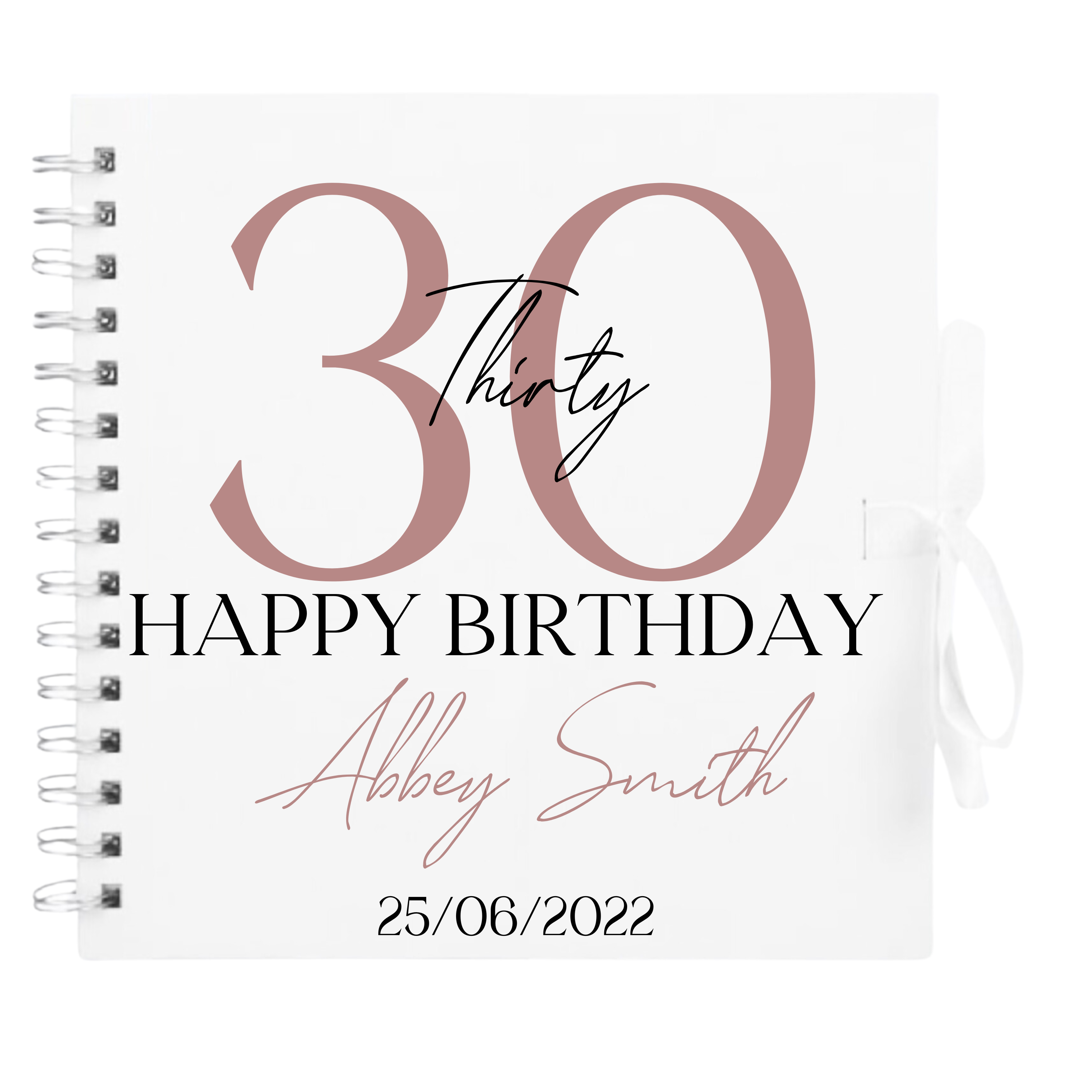 Personalised 30th birthday scrapbook album in white cover with rose gold detailing and custom name