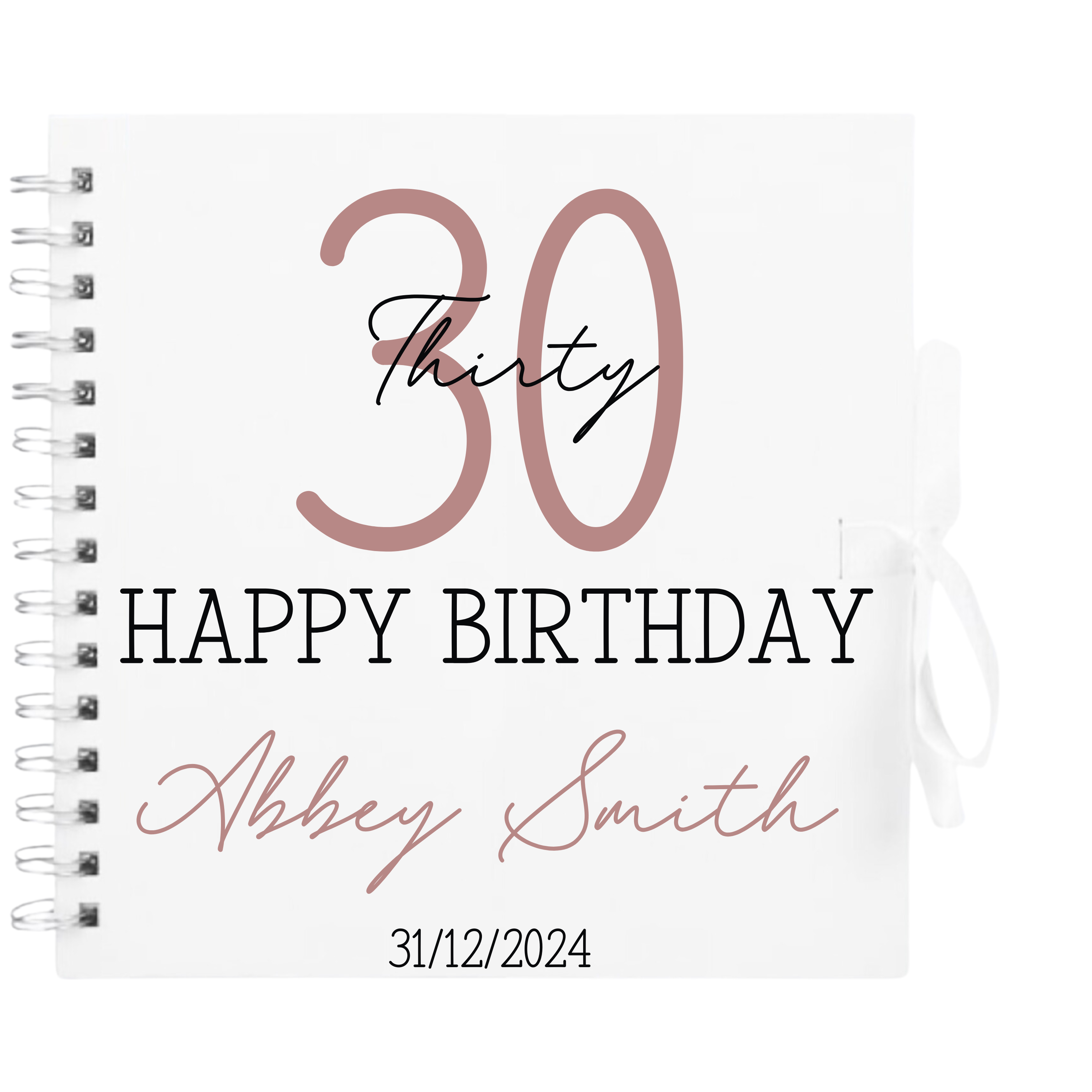 Personalised 30th birthday scrapbook album in white cover with rose gold detailing and custom name