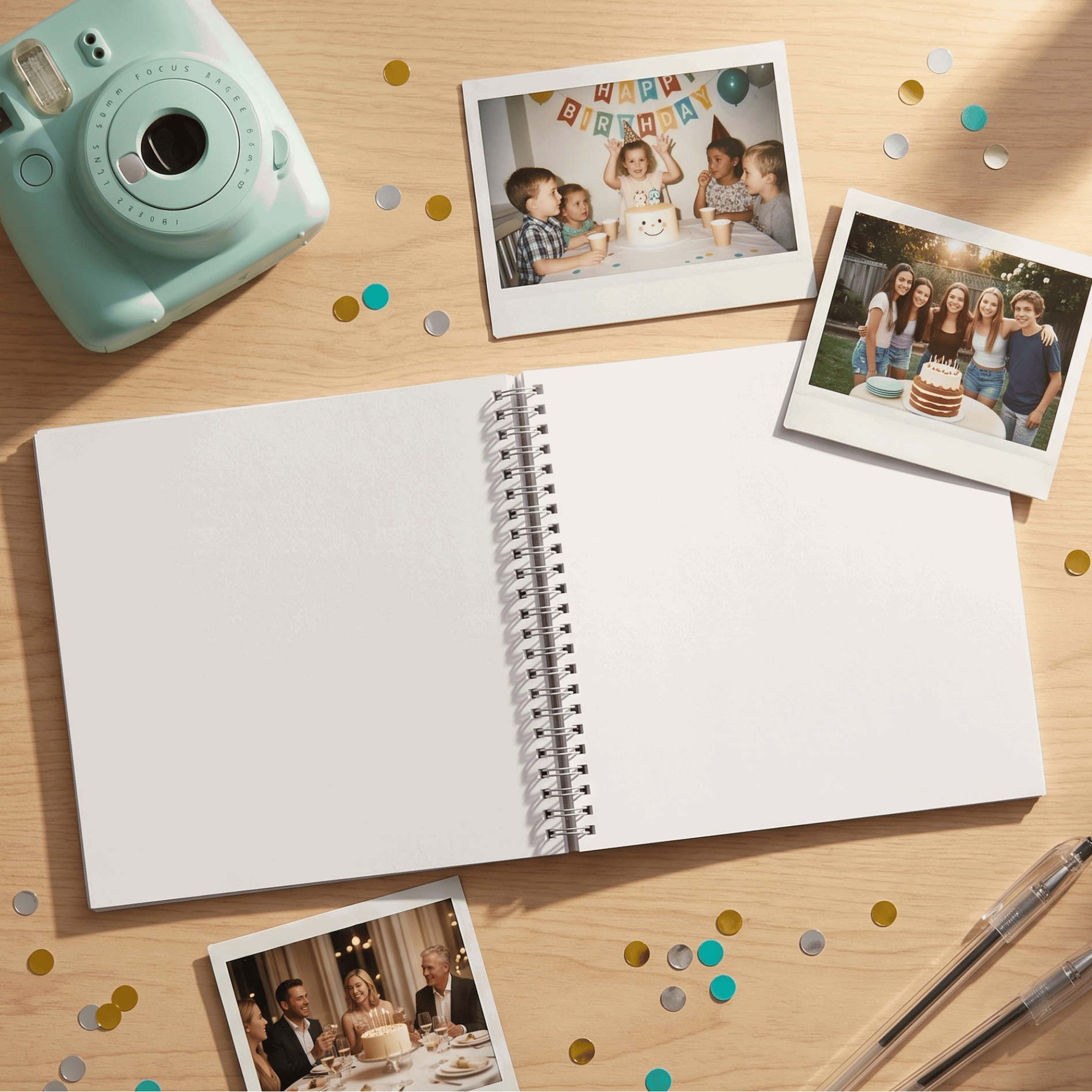 Open Album with polaroid photos and a mint green camera on a wooden surface with confetti.