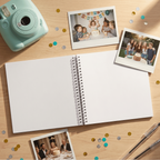 Open Album with polaroid photos and a mint green camera on a wooden surface with confetti.