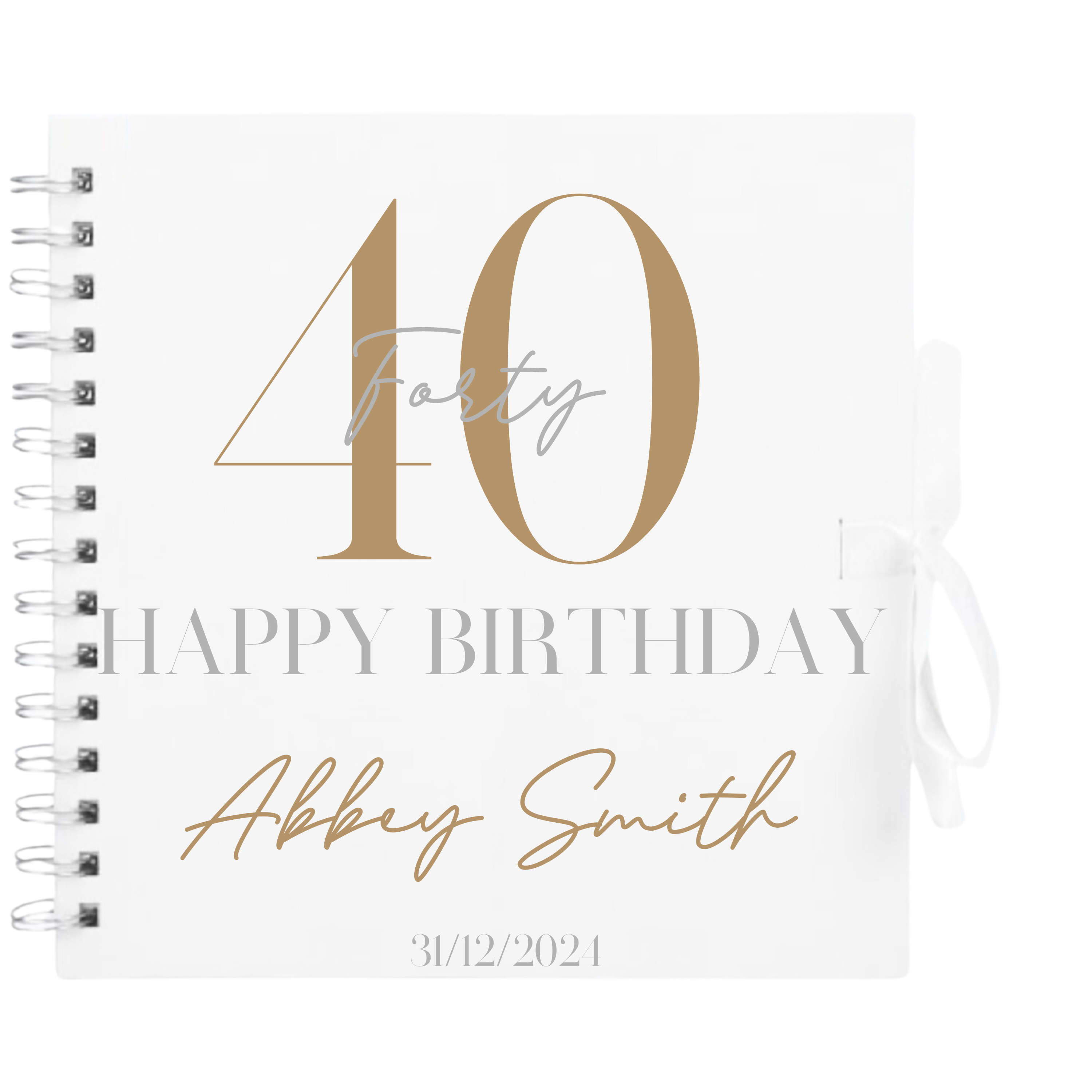 Personalised 40th birthday scrapbook album in white cover with gold and silver detailing and custom name