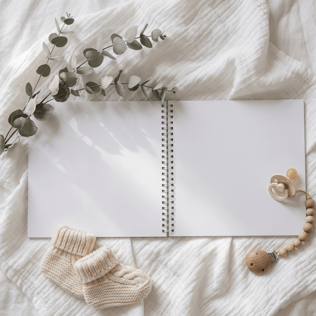 Open Album with baby booties and a pacifier on a soft fabric background