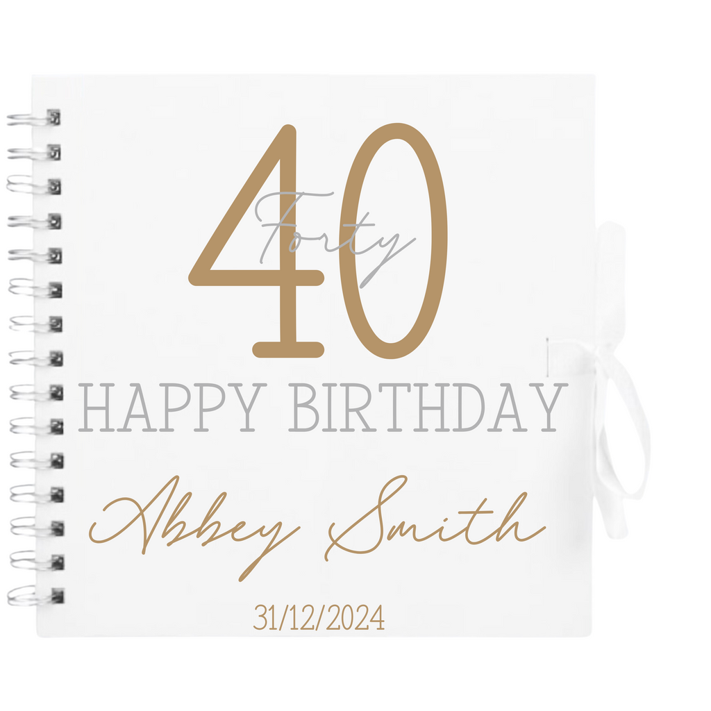 Personalised 40th birthday scrapbook album in white cover with gold and silver detailing and custom name