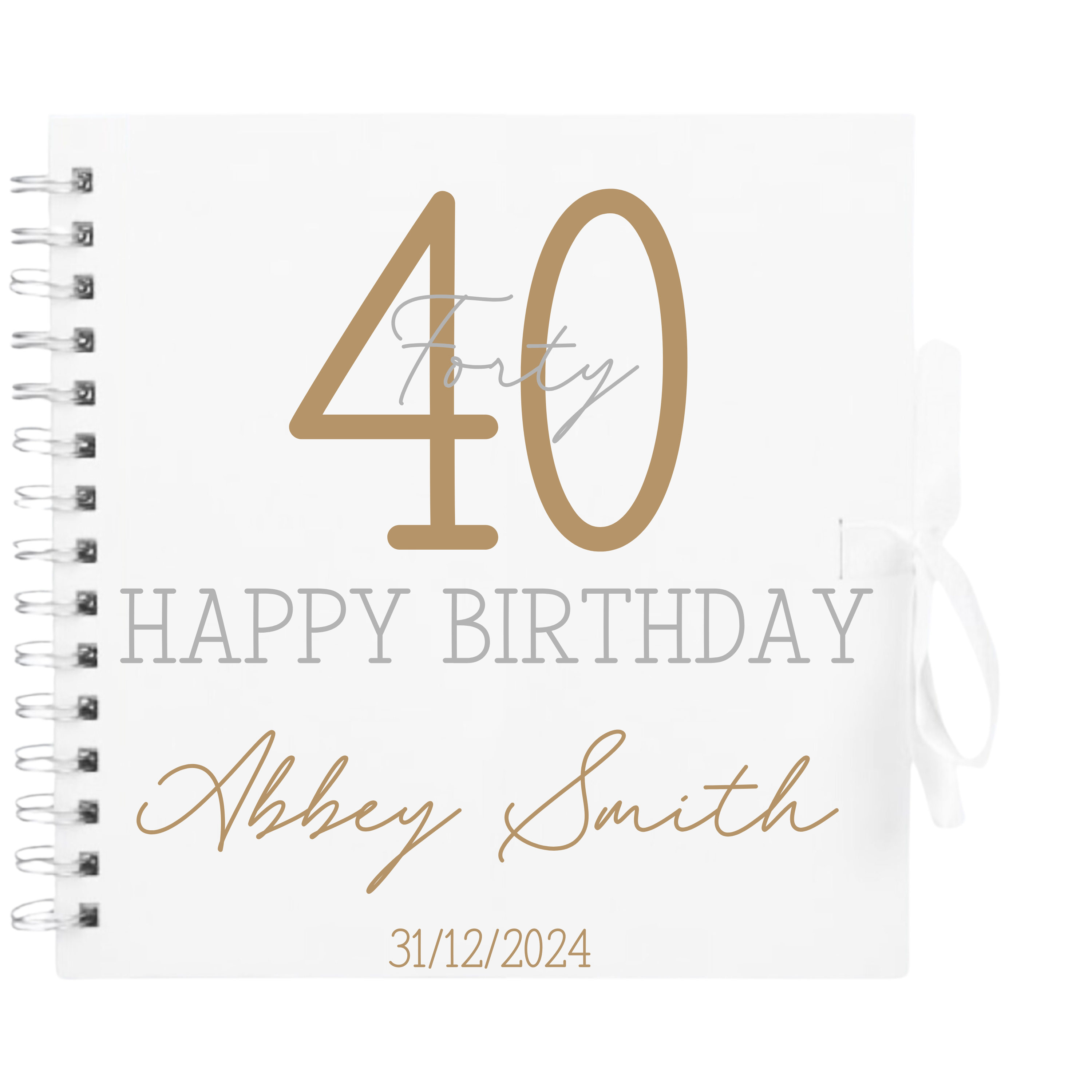 Personalised 40th birthday scrapbook album in white cover with gold and silver detailing and custom name