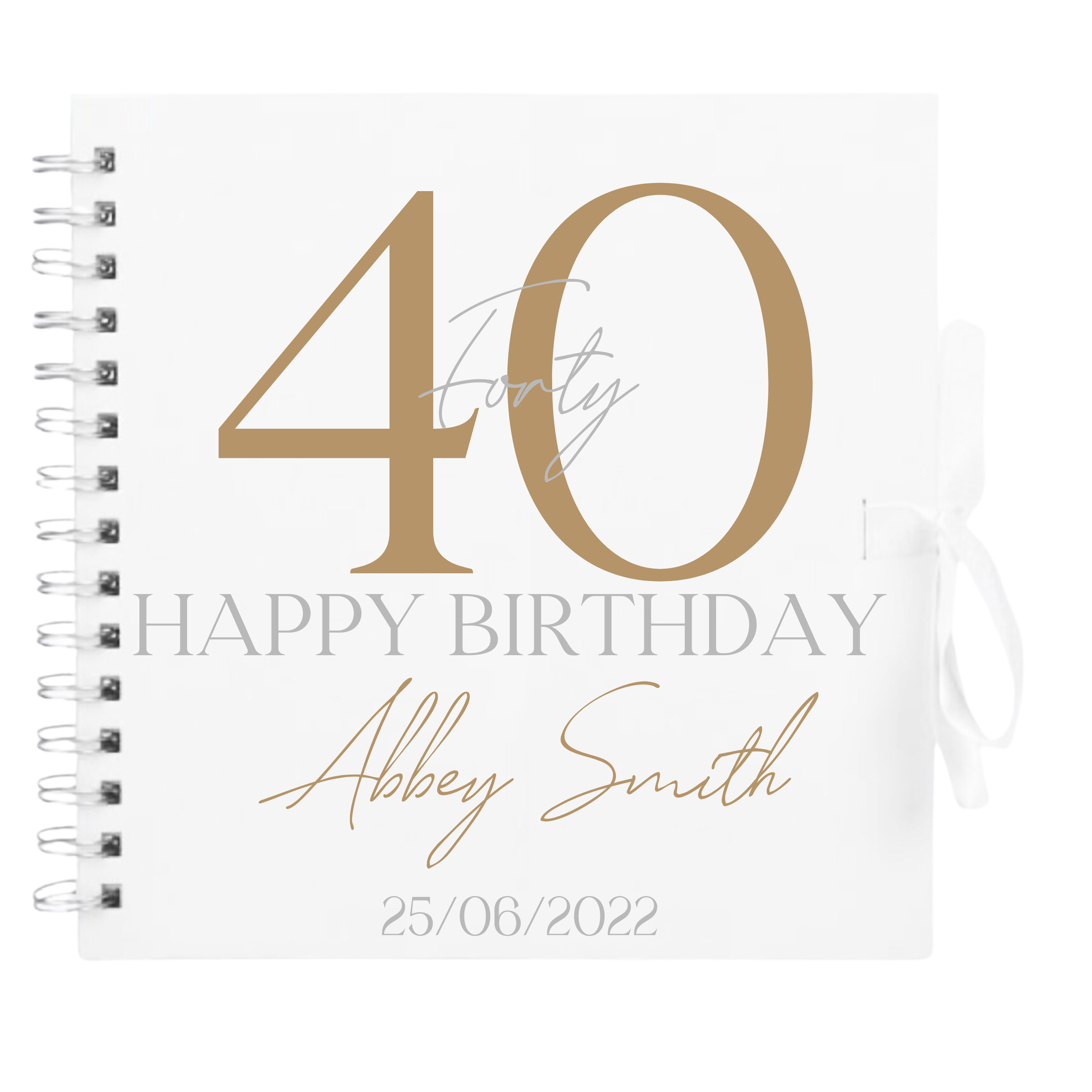 Personalised 40th birthday scrapbook album in white cover with gold and silver detailing and custom name