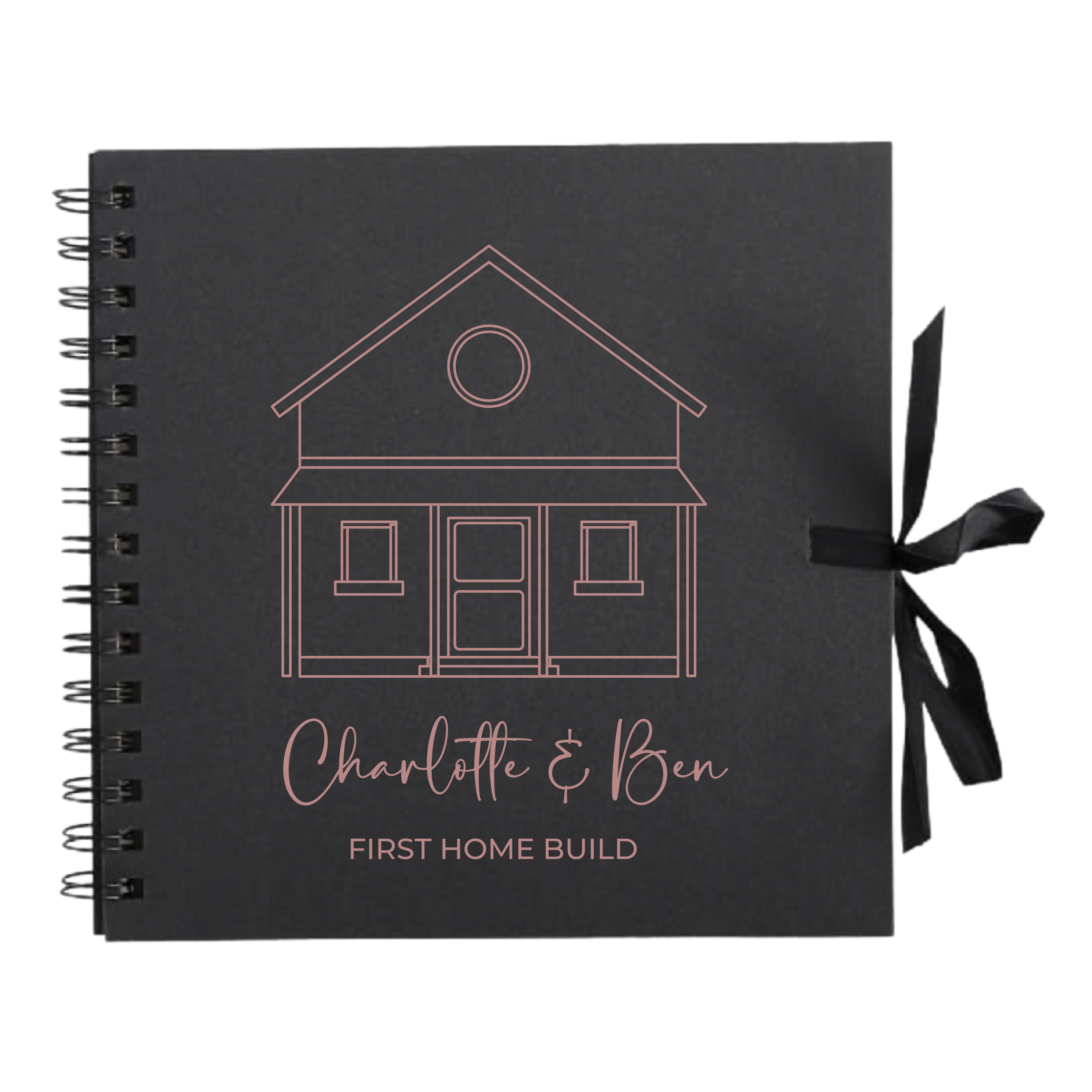Black scrapbook album with rose gold outline of house and title "First Home Build", ribbon detail
