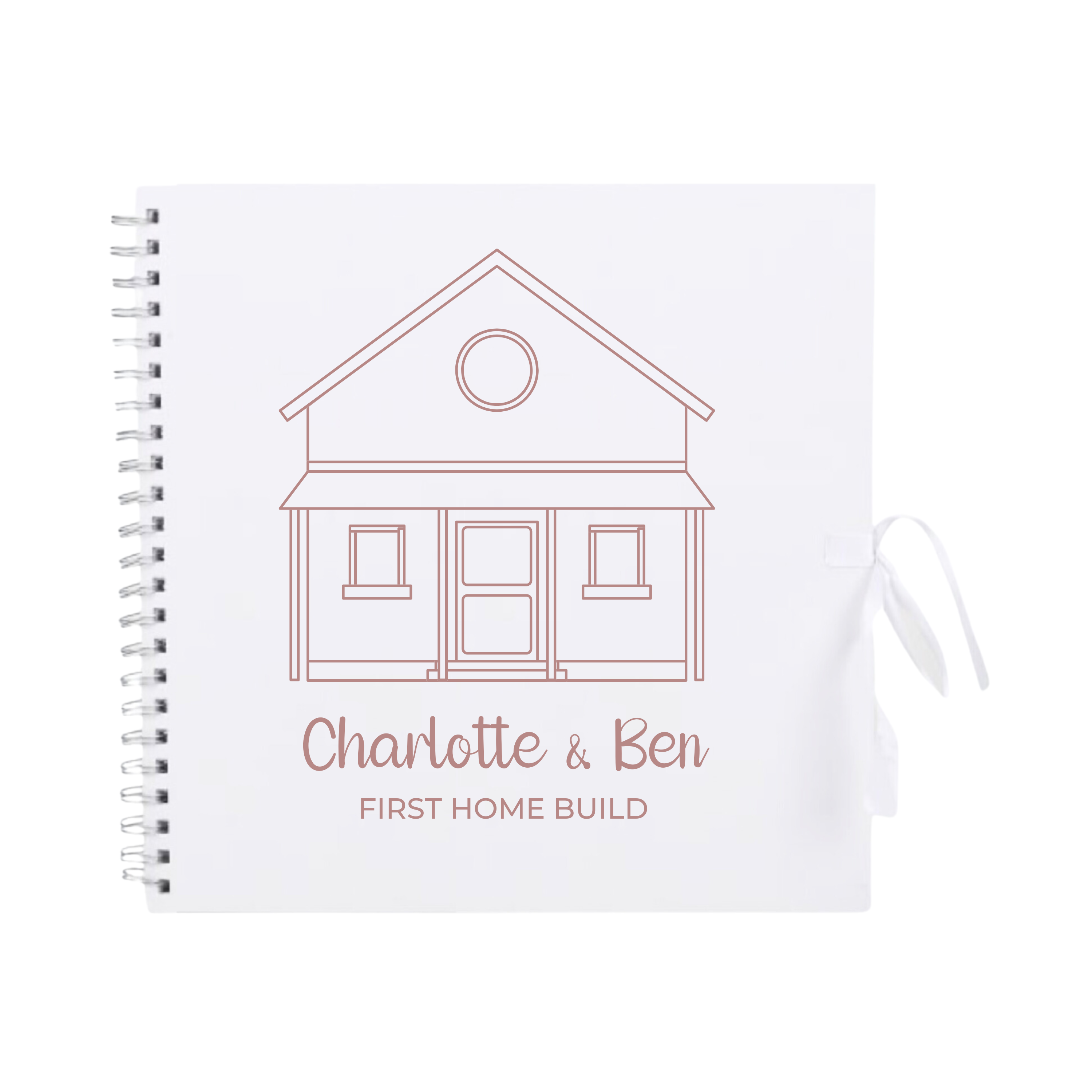 White scrapbook photo album with rose home outline and "First Home Build" personalised text, ideal gift