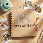 Birthday Album with photos and a camera on a wooden surface