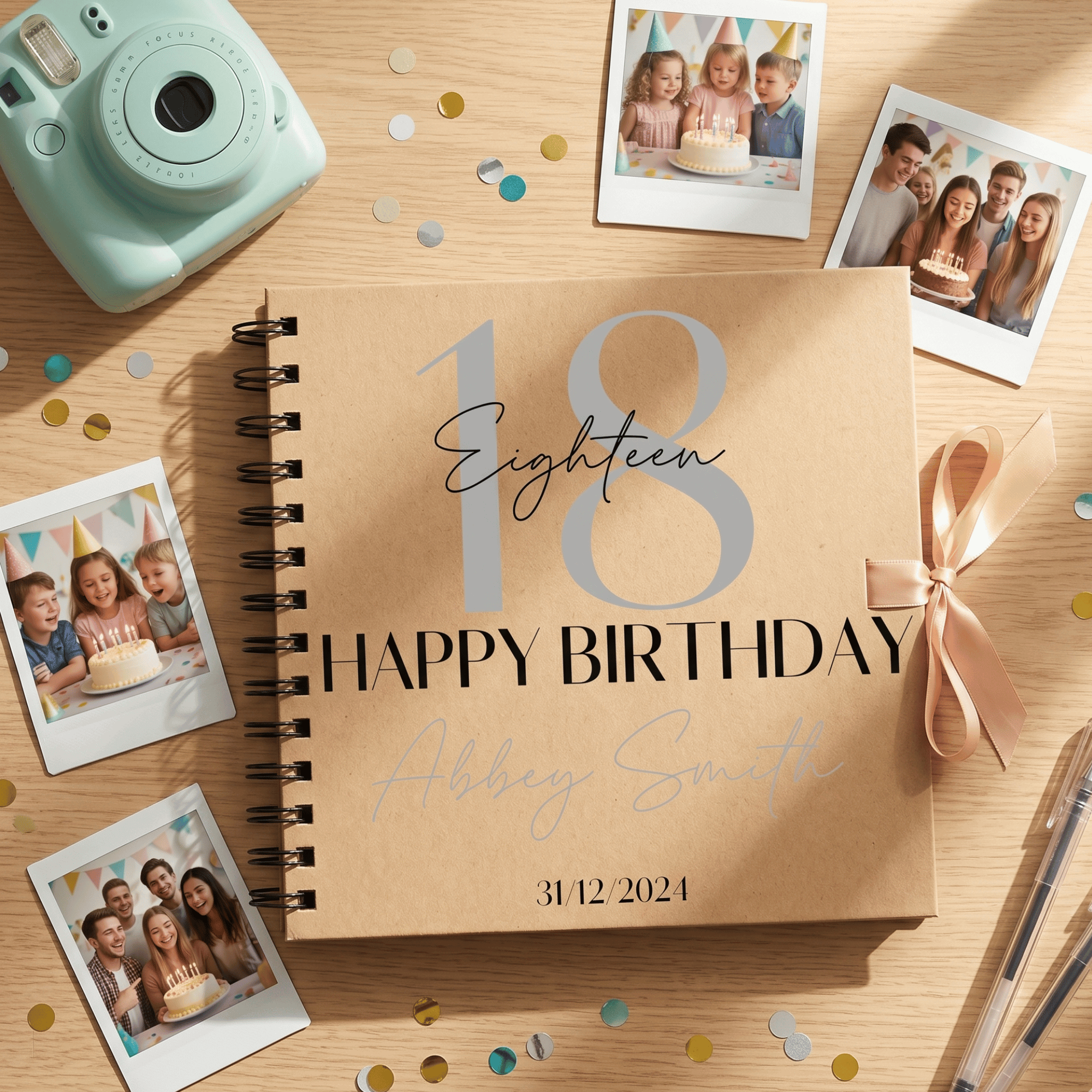 Birthday Album with photos and a camera on a wooden surface