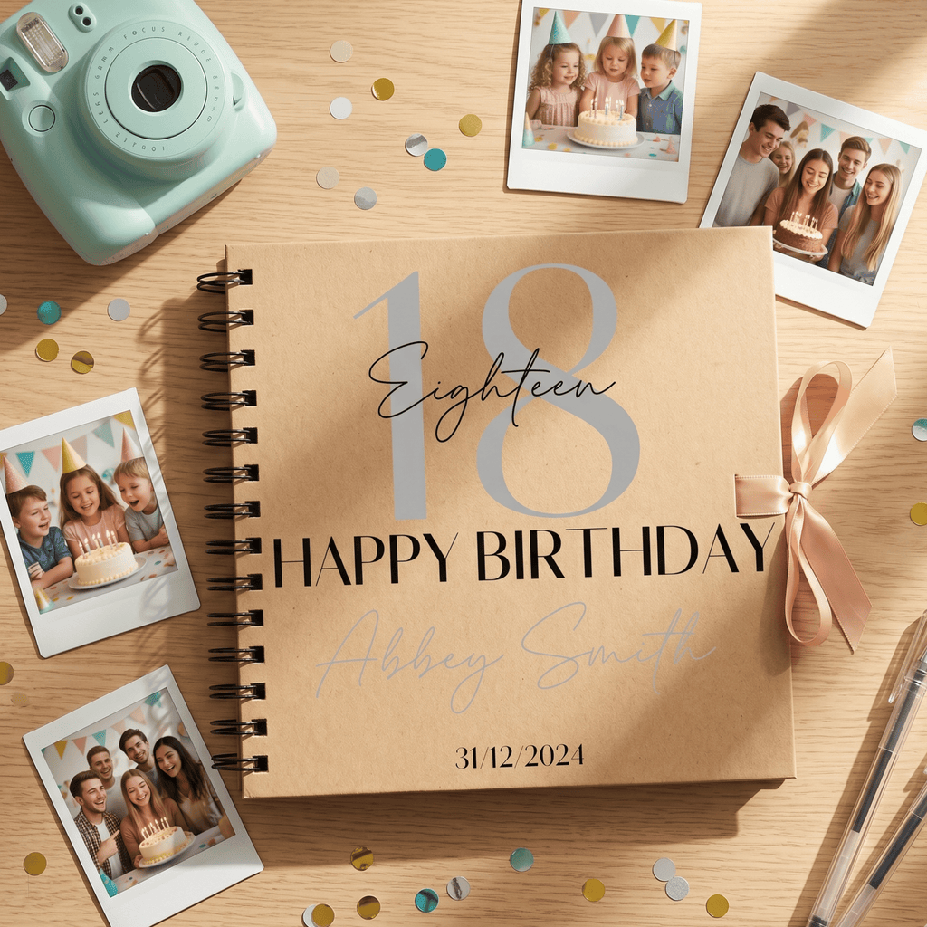 Birthday Album with photos and a camera on a wooden surface