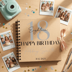 Birthday Album with photos and a camera on a wooden surface