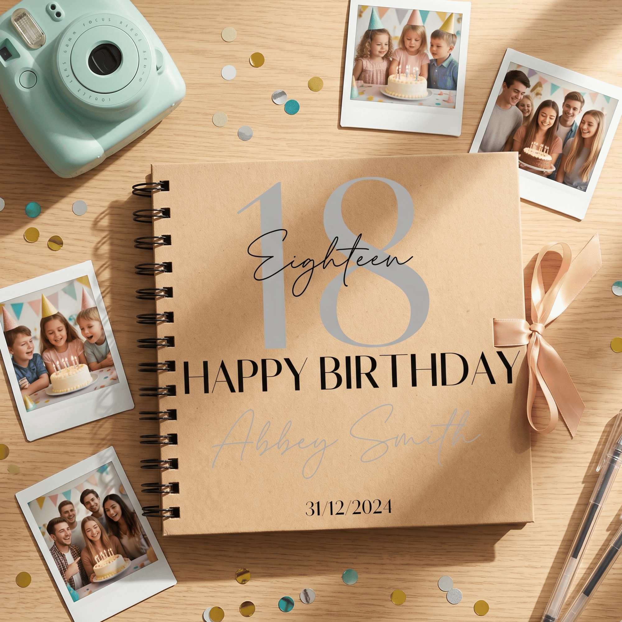 Birthday Album with photos and a camera on a wooden surface
