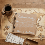 Album titled 'The Adventures of Chloe & Andrew' on a world map with a cup of coffee, coins, and tickets.