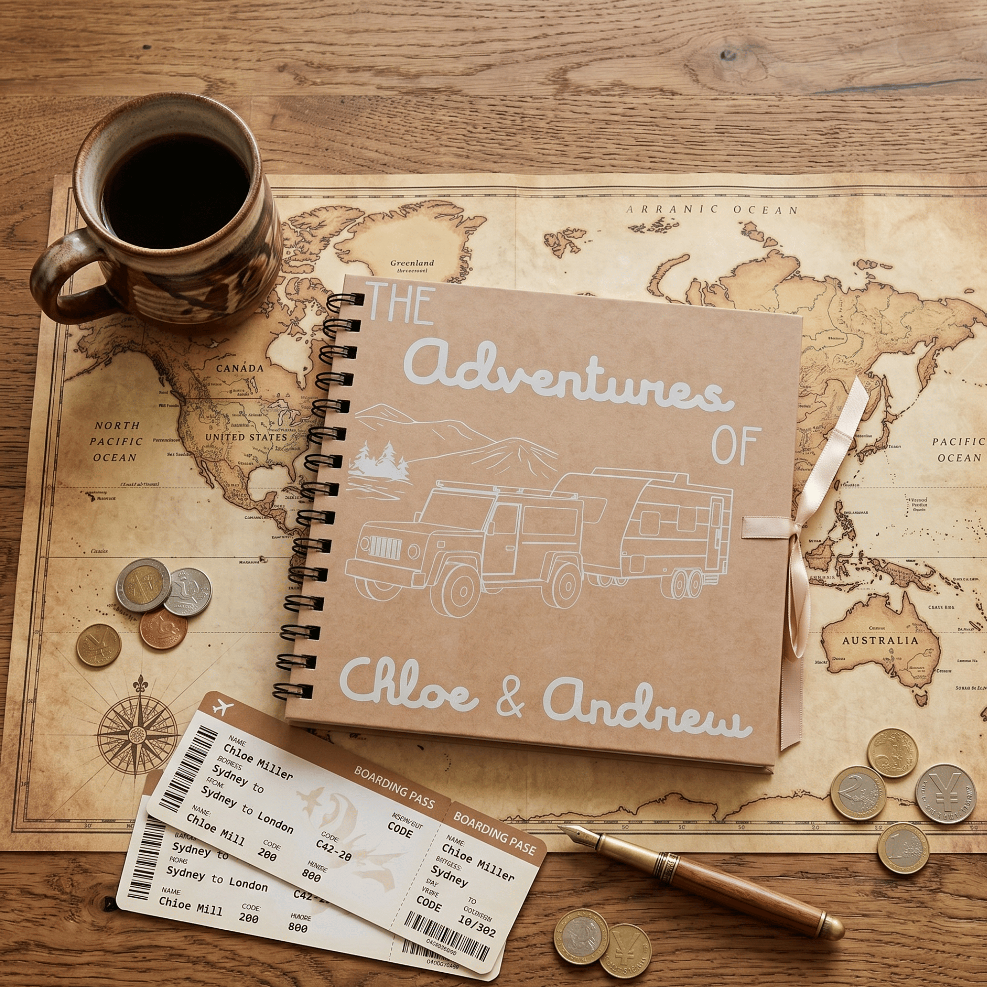 Album titled 'The Adventures of Chloe & Andrew' on a world map with a cup of coffee, coins, and tickets.