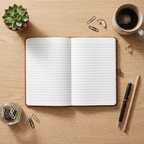 Open notebook on a wooden desk with stationery items including a cup of coffee, pen, and succulent plant.