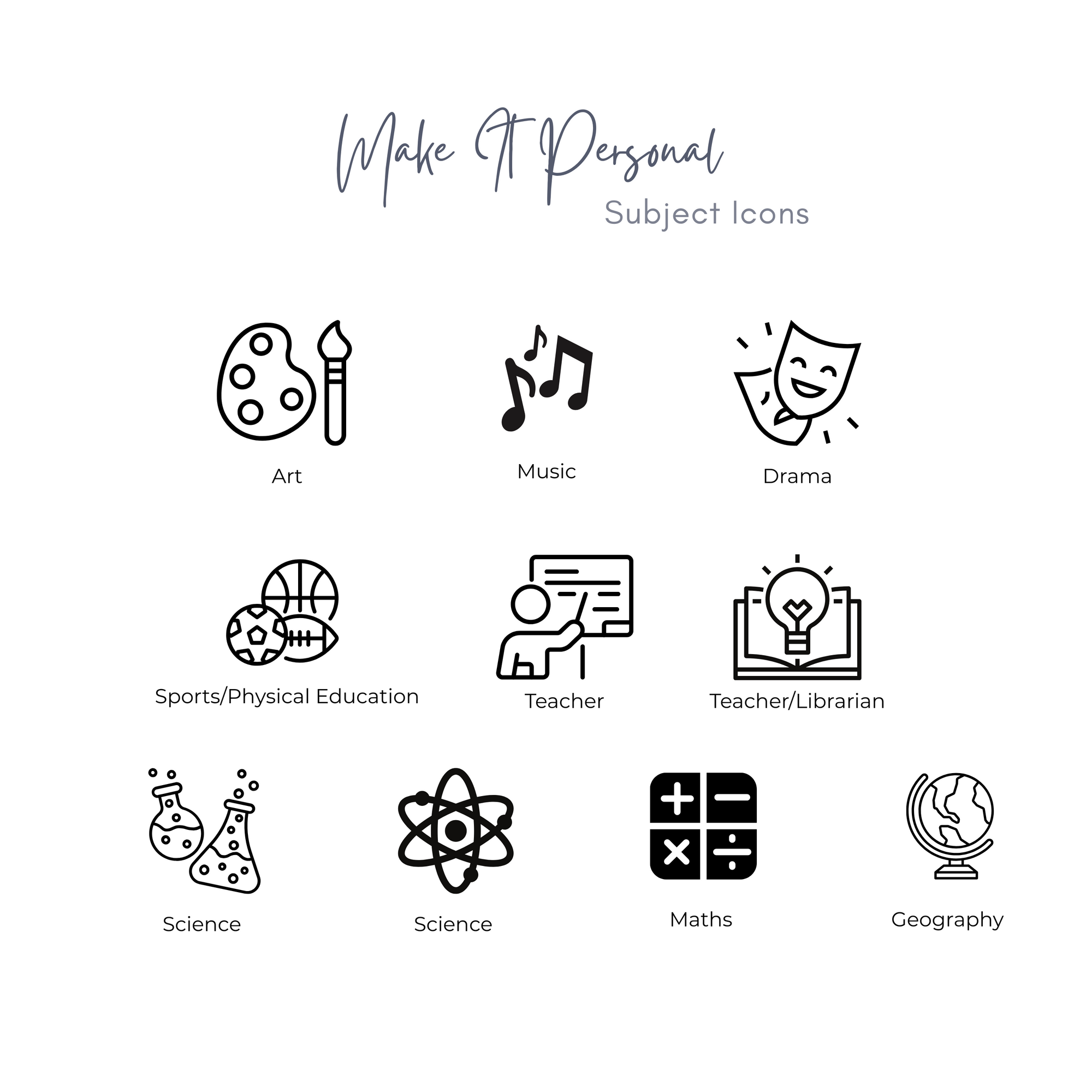 Subject icon options for personalised teacher name badges including art, music, drama, science, PE, geography, maths, and librarian.