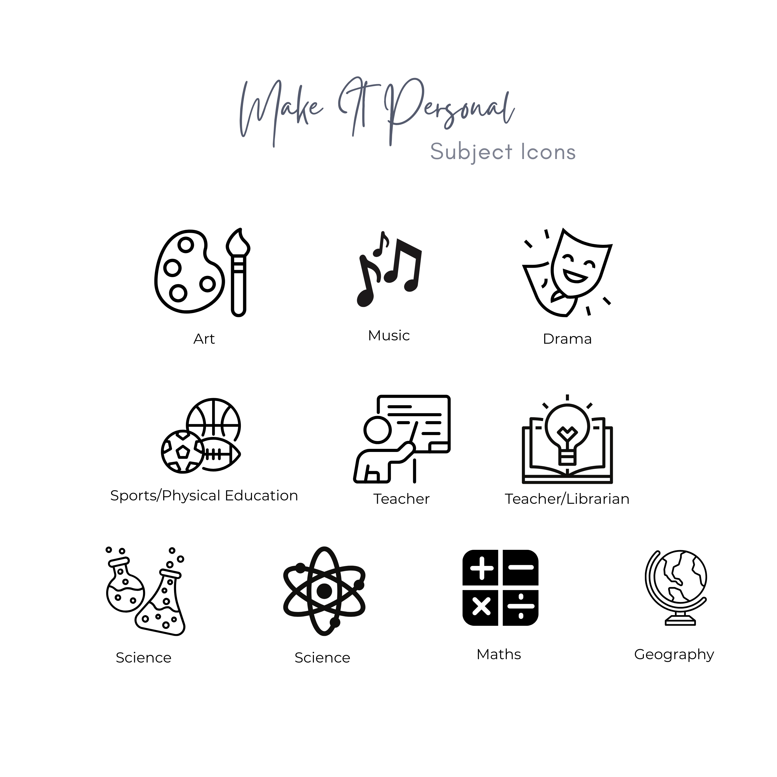 Subject icon options for personalised teacher name badges including art, music, drama, science, PE, geography, maths, and librarian.