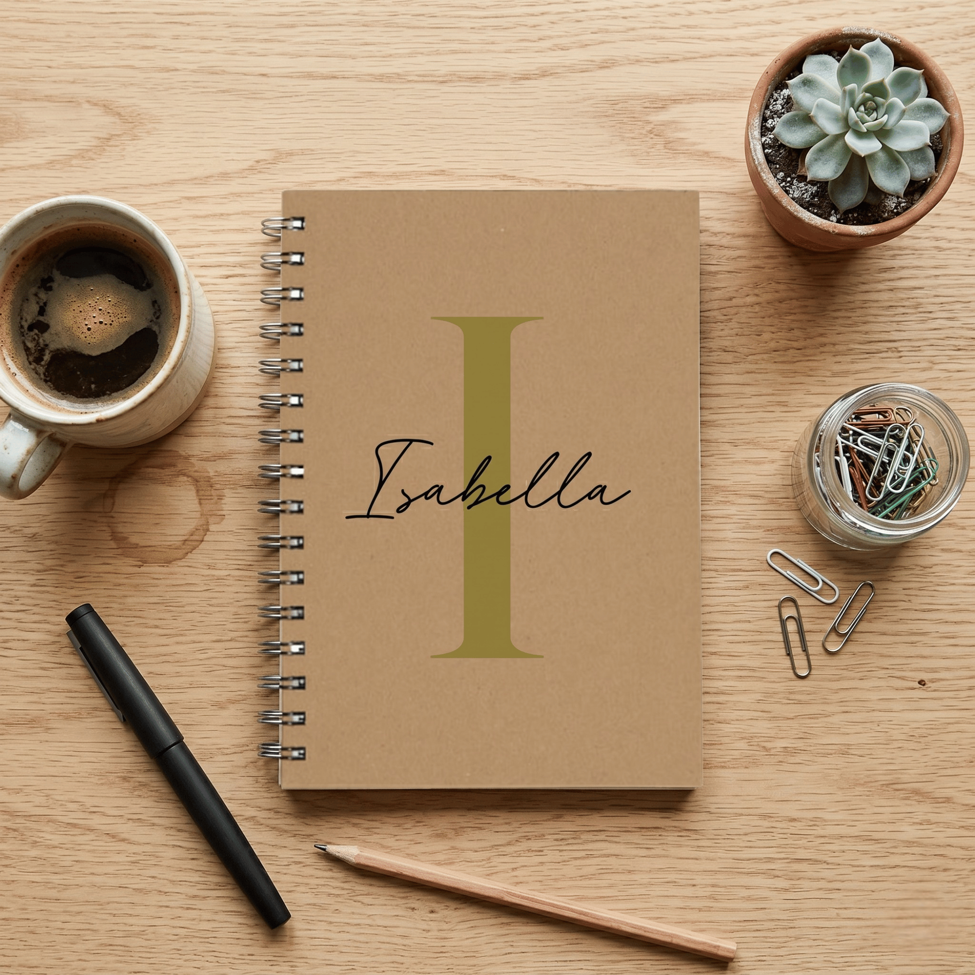 Notebook with 'Isabella' on a wooden surface with coffee, pen, and plant.