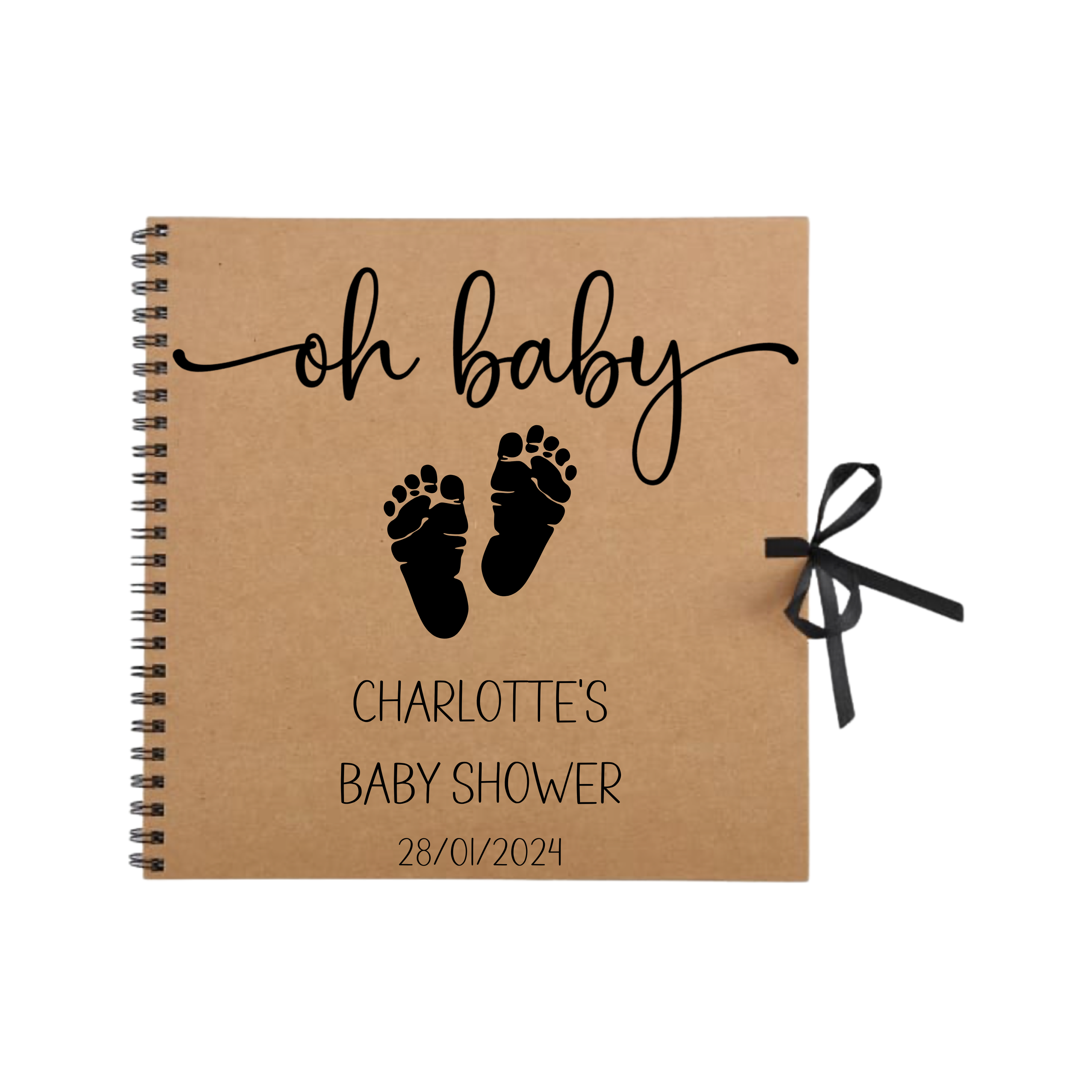 Kraft personalised scrapbook with "oh baby" design and black baby footprints, customised for Charlotte’s baby shower – ideal baby shower memory album.