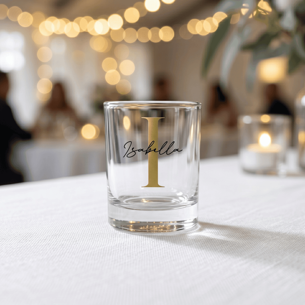 Clear glass with gold letter 'I' and name 'Isabella' on a white tablecloth with blurred lights in the background
