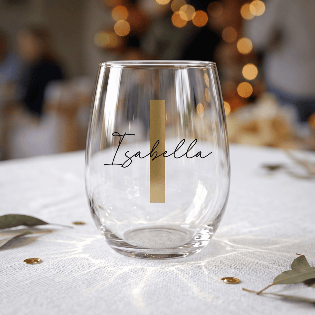 Clear glass with 'Isabella' engraving on a white tablecloth with blurred background