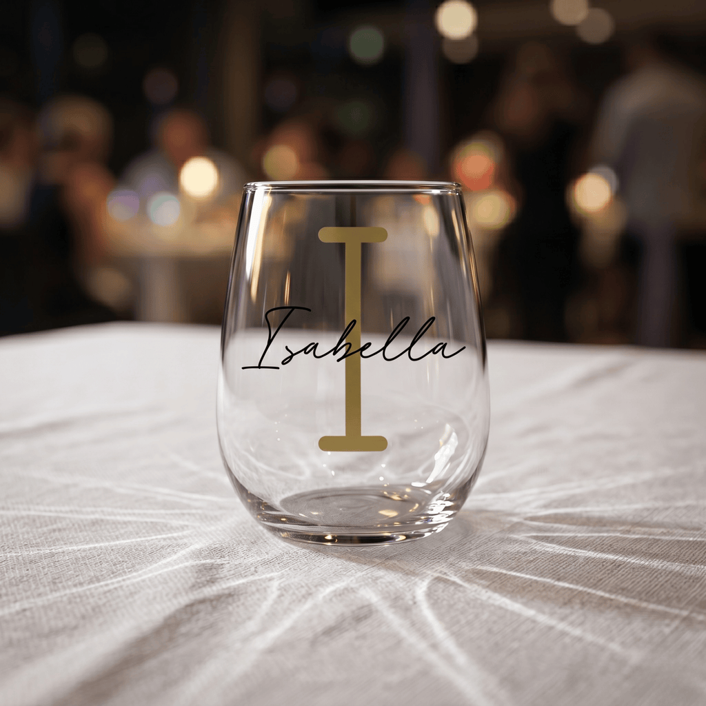 Clear glass with 'Isabella' and a gold 'I' on a white tablecloth with blurred background