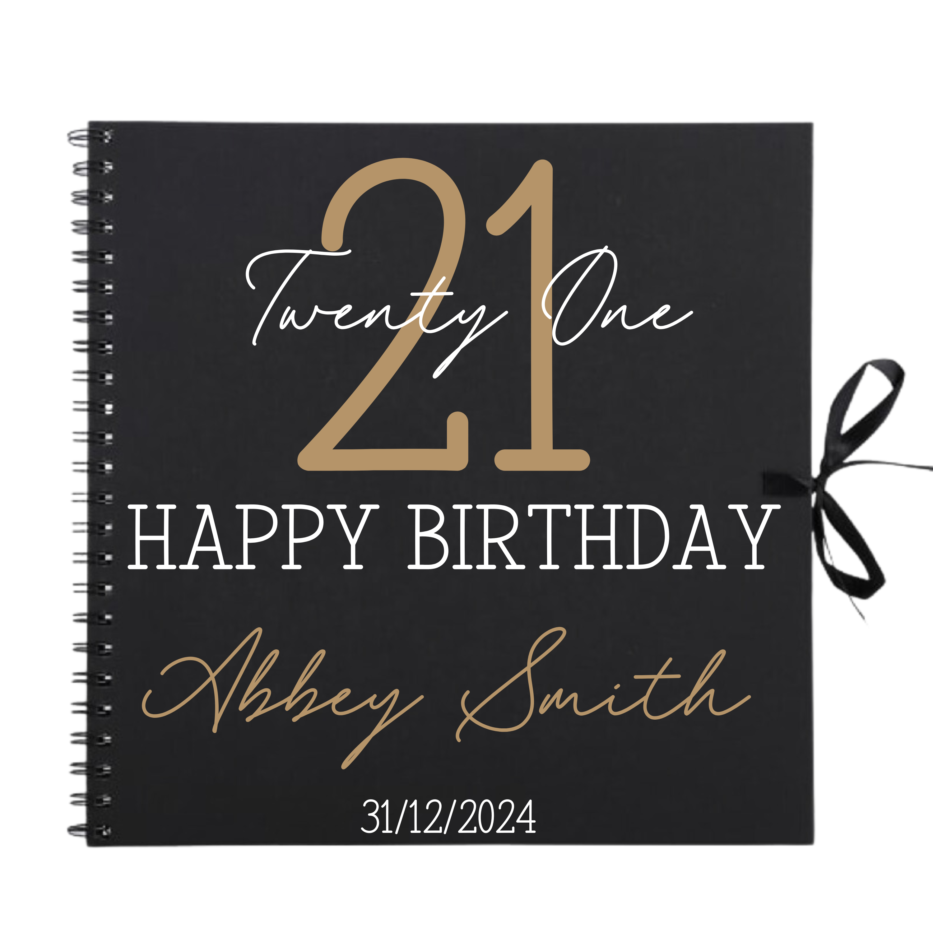 Personalised 21st birthday scrapbook album in black with gold detailing, ribbon tie and name on cover