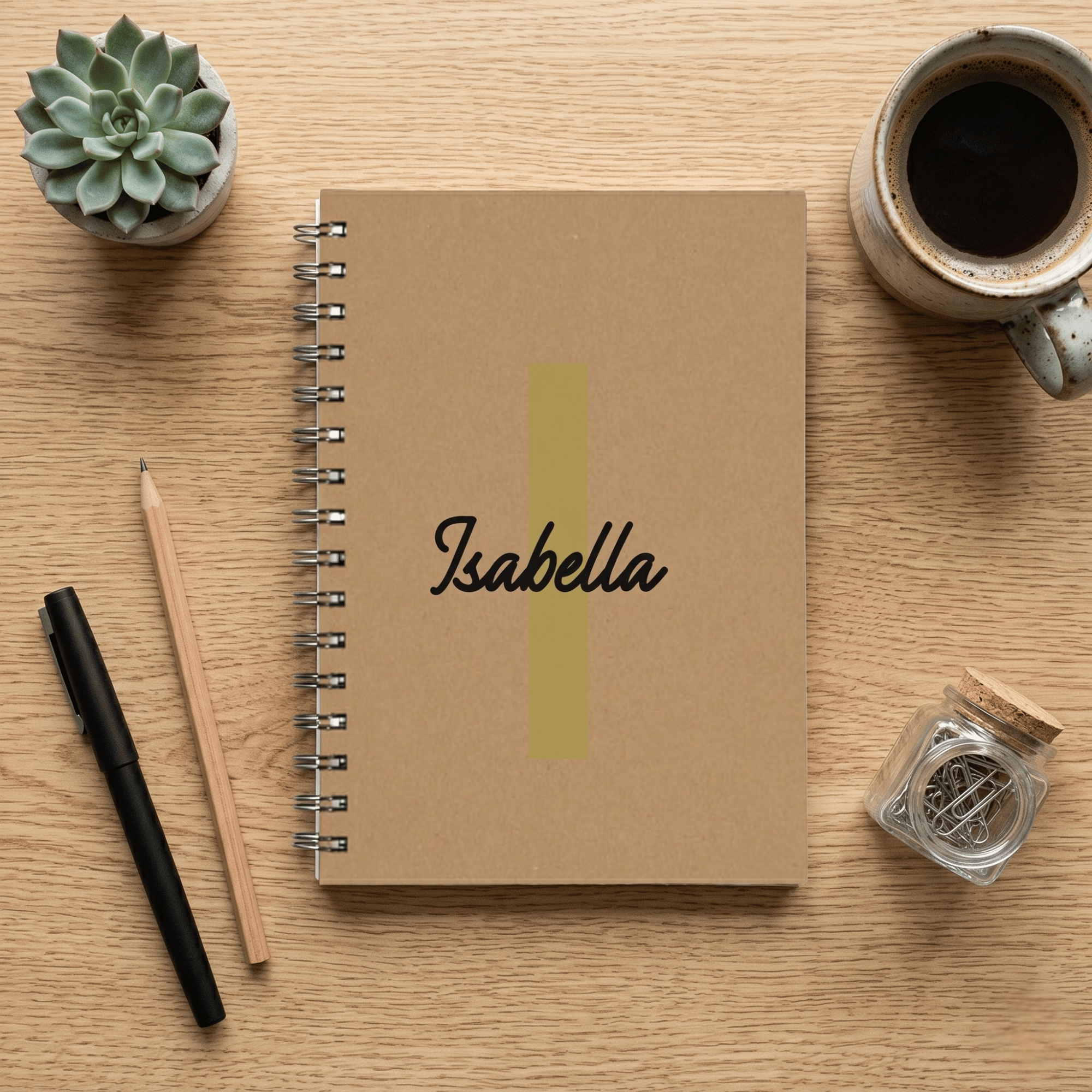 Notebook with 'Isabella' on a wooden surface with a pen, coffee, and plant.