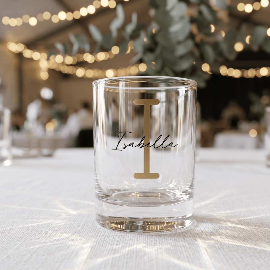 Clear glass with 'Isabella' and a gold monogram on a tablecloth with blurred festive background