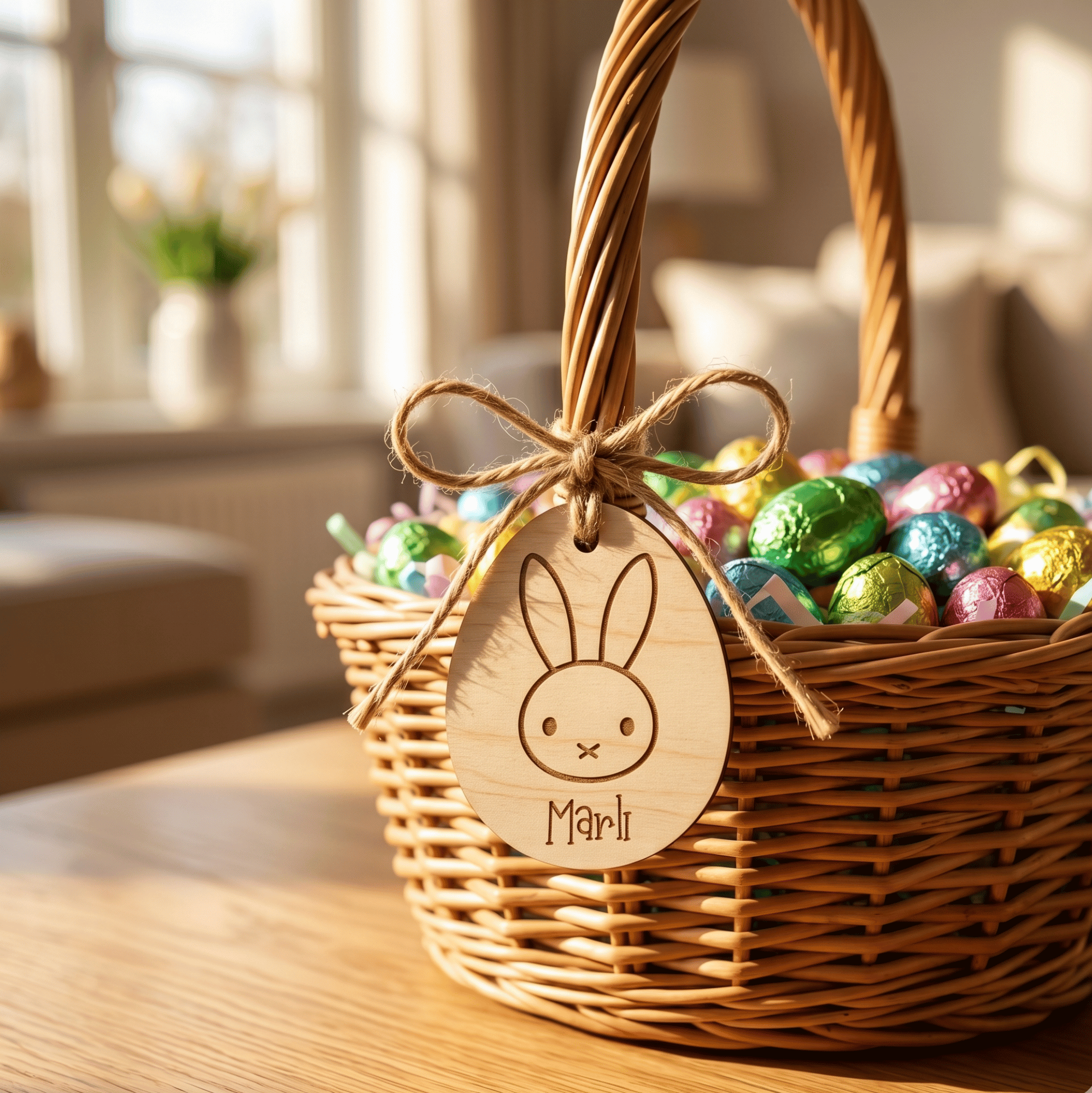 Wicker Easter basket with colorful eggs and a wooden tag with a bunny face design on a wooden table.