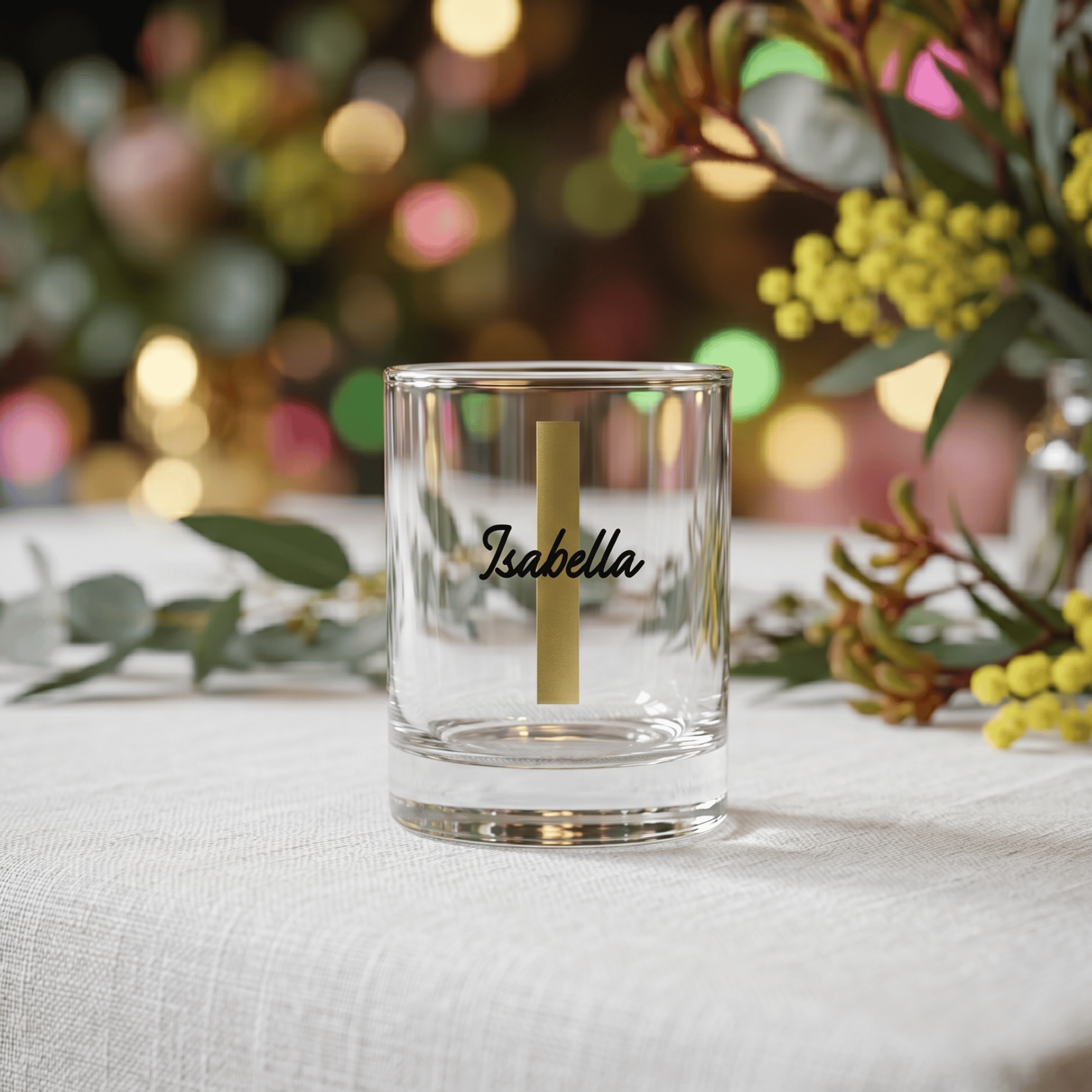 Clear glass with 'Isabella' engraving on a table with decorative plants and blurred lights in the background