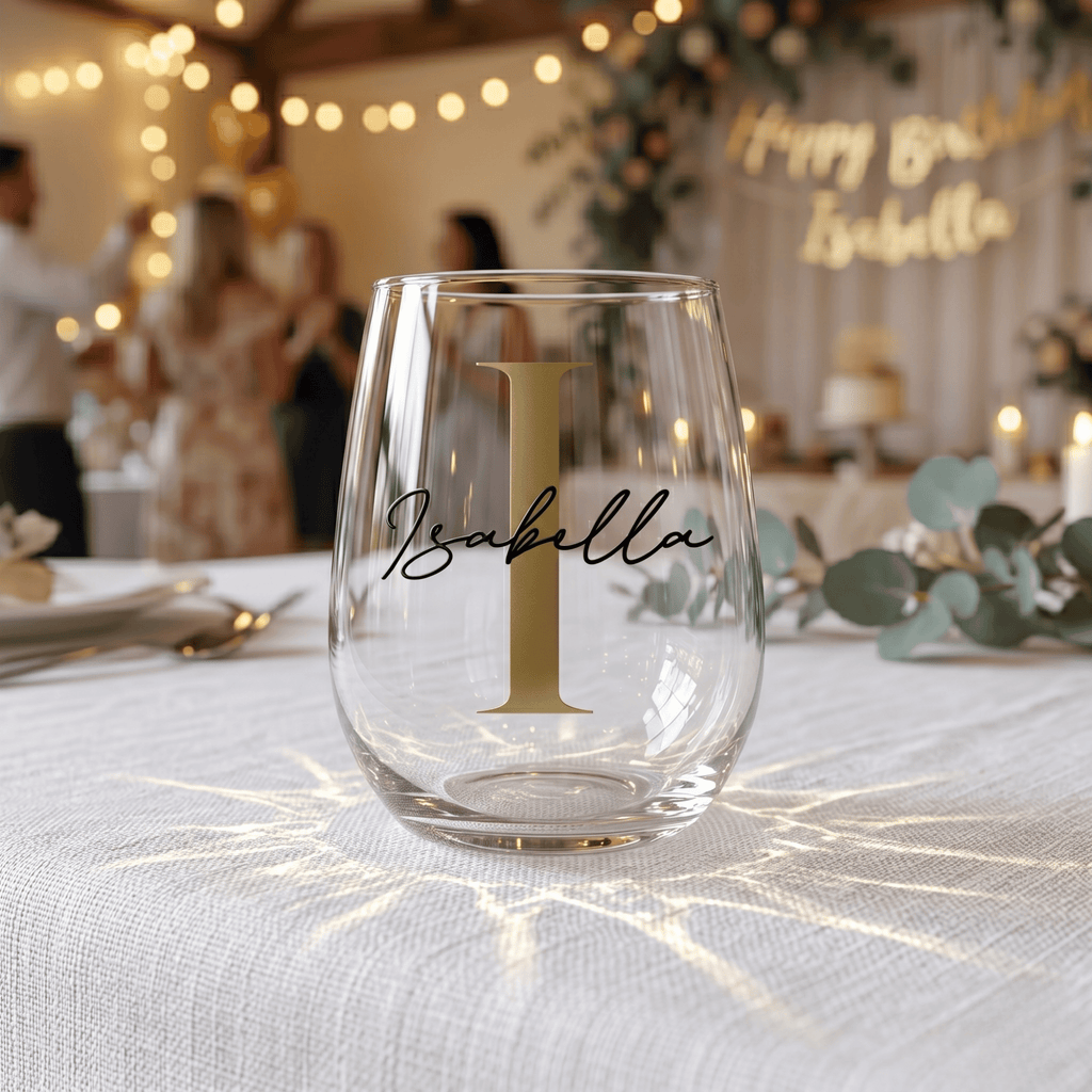 Clear glass with 'Isabella' on a tablecloth at a festive event