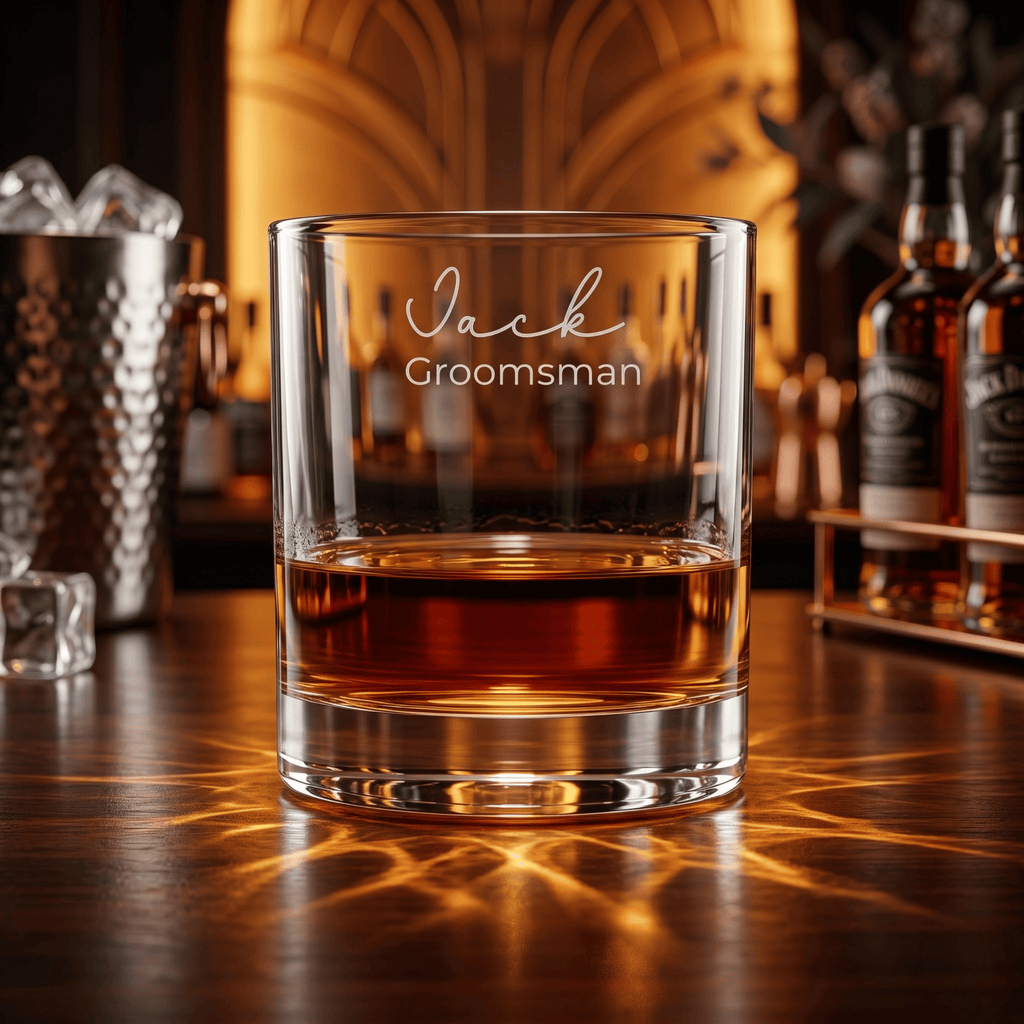 Glass of whiskey with 'Jack Groomsman' engraving on a bar background