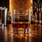 Glass of whiskey with 'Jack Groomsman' engraving on a bar background