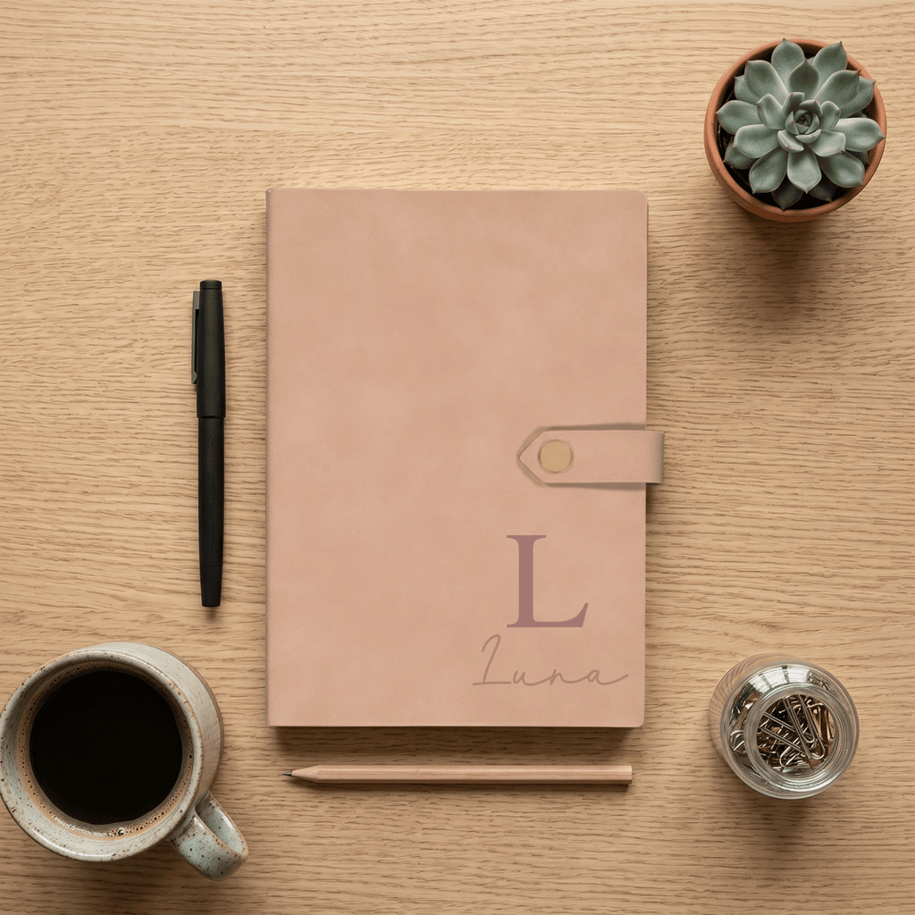 Pink notebook with 'Luna' on a wooden surface with a pen, mug, and plant.