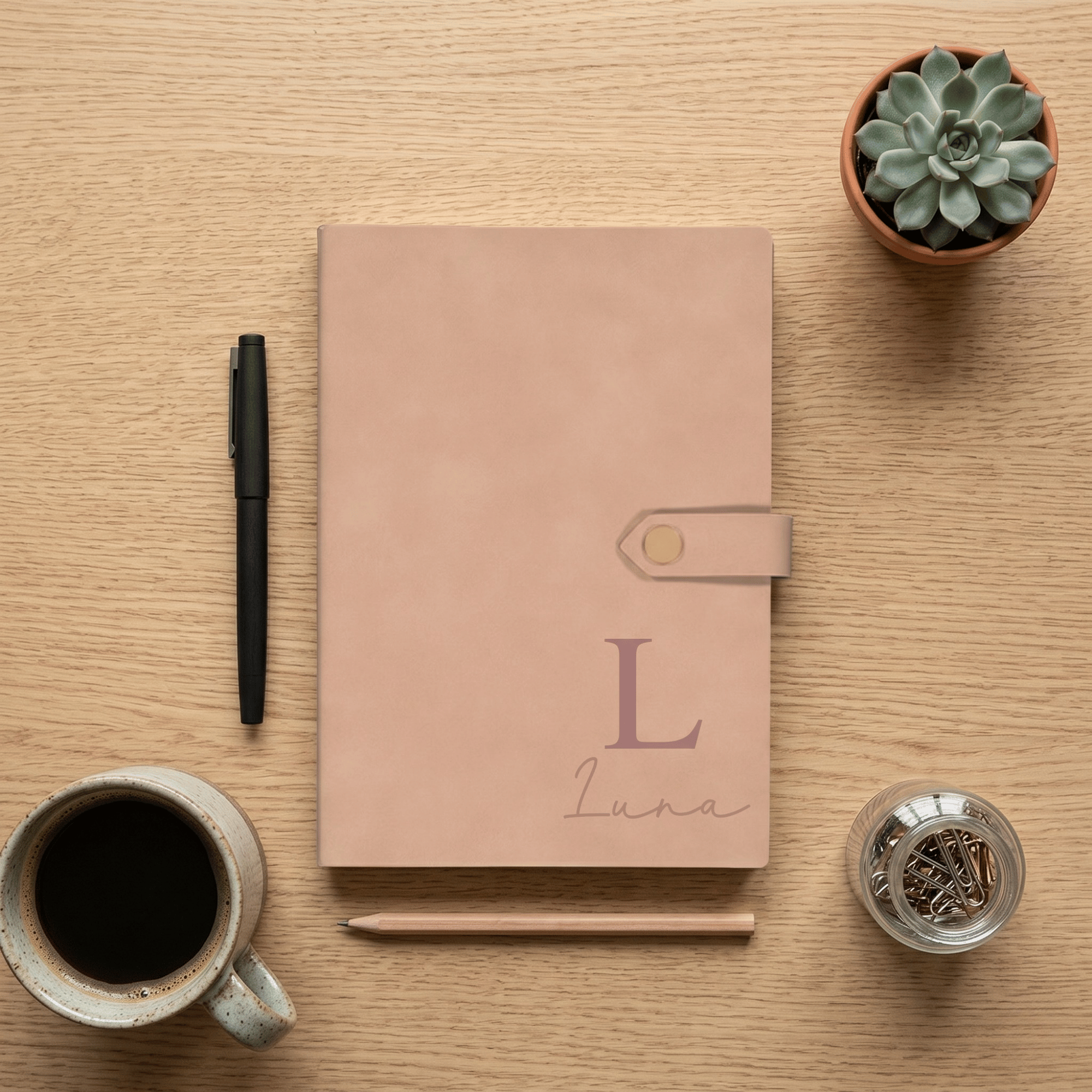 Pink notebook with 'Luna' on a wooden surface with a pen, mug, and plant.