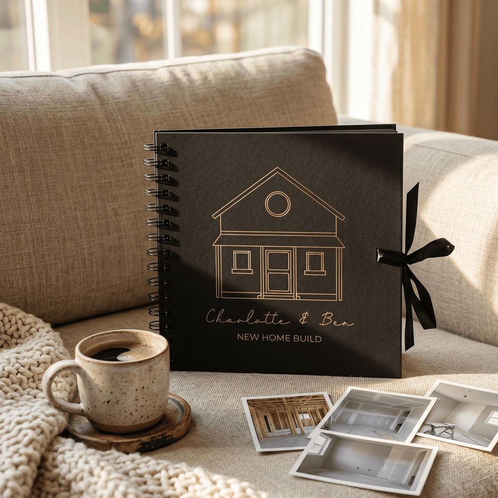 Black album with house design and text on a couch with a mug and photos