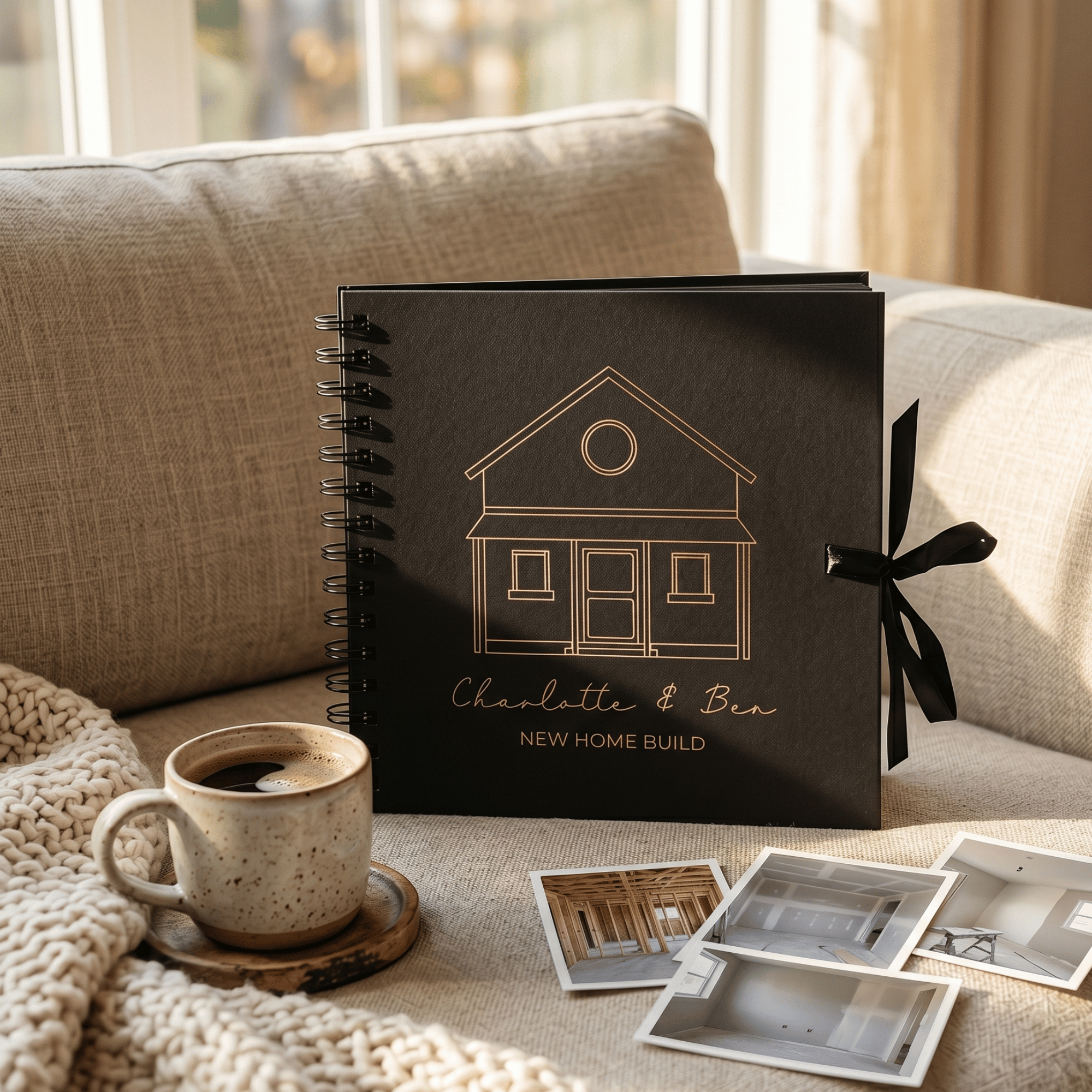 Black album with house design and text on a couch with a mug and photos