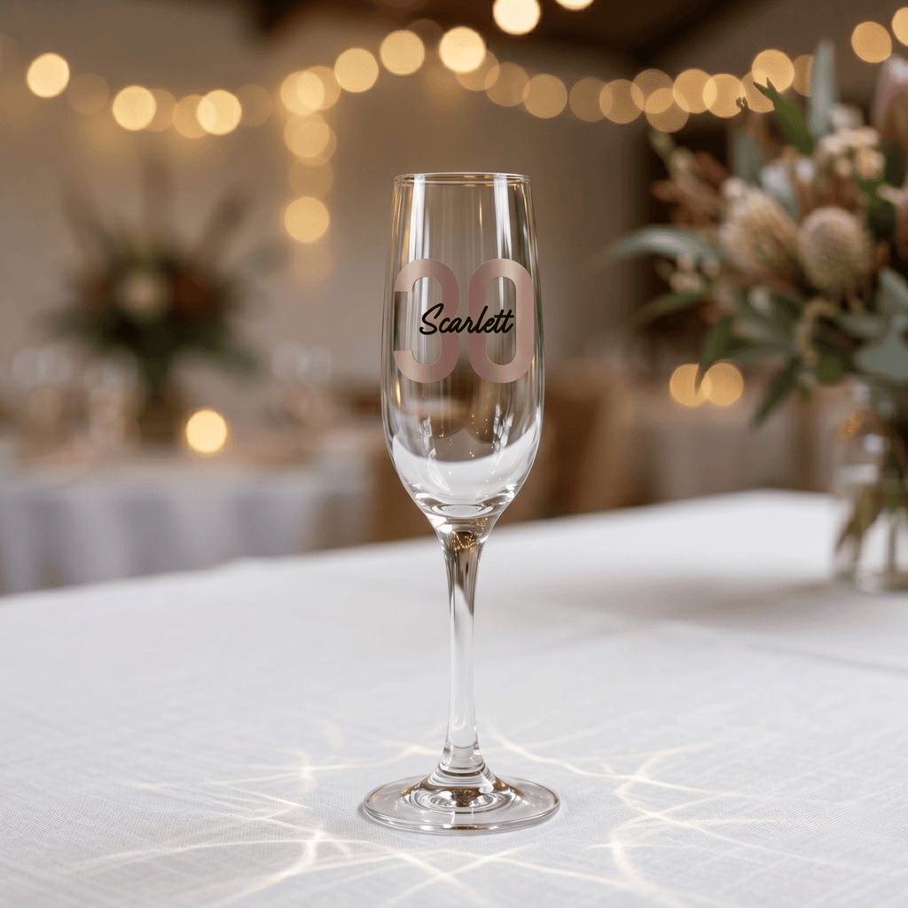 Clear champagne flute with 'Scarlett' and number '30' on a blurred festive background