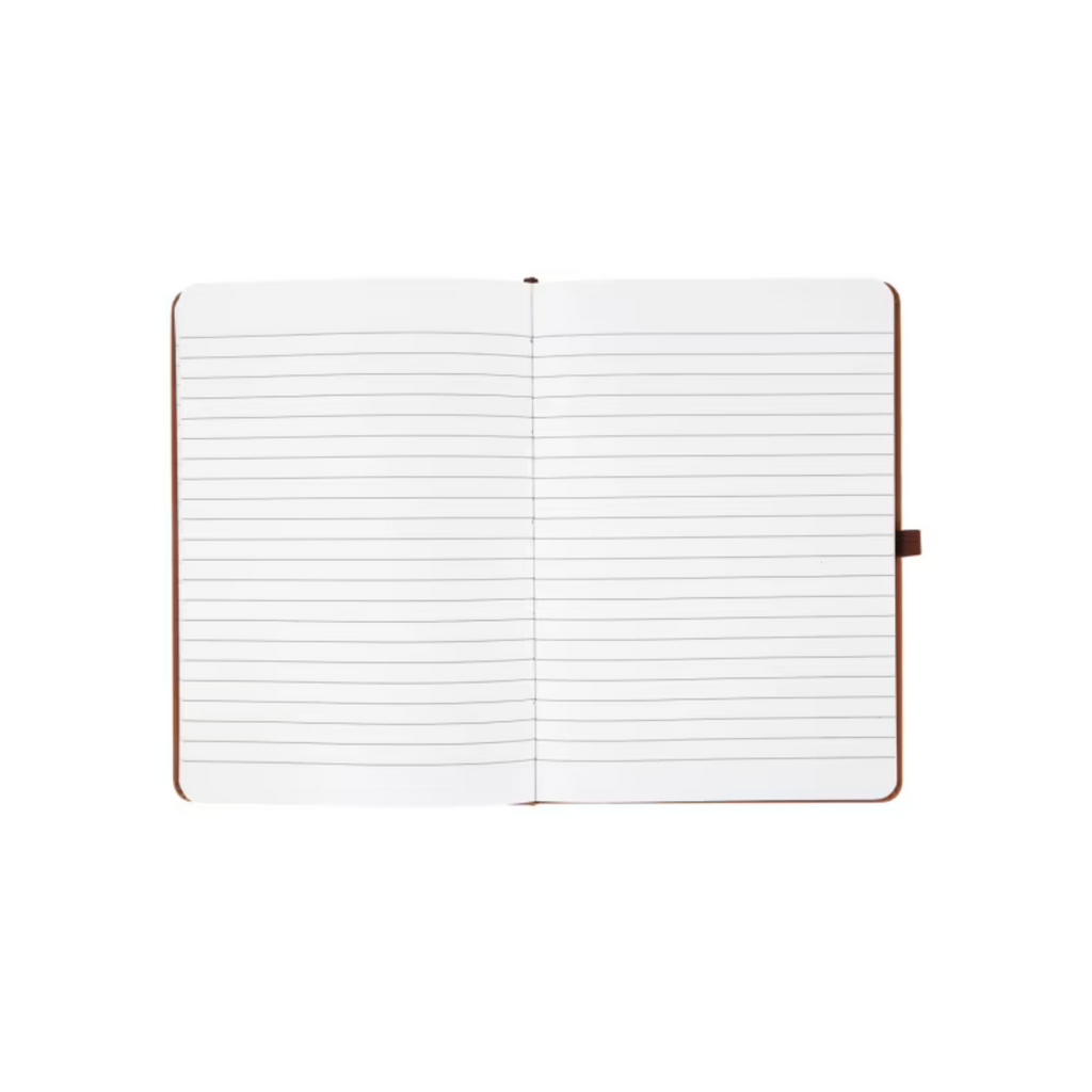 Interior view of tan A5 personalised notebook showing lined pages with a durable hard cover.