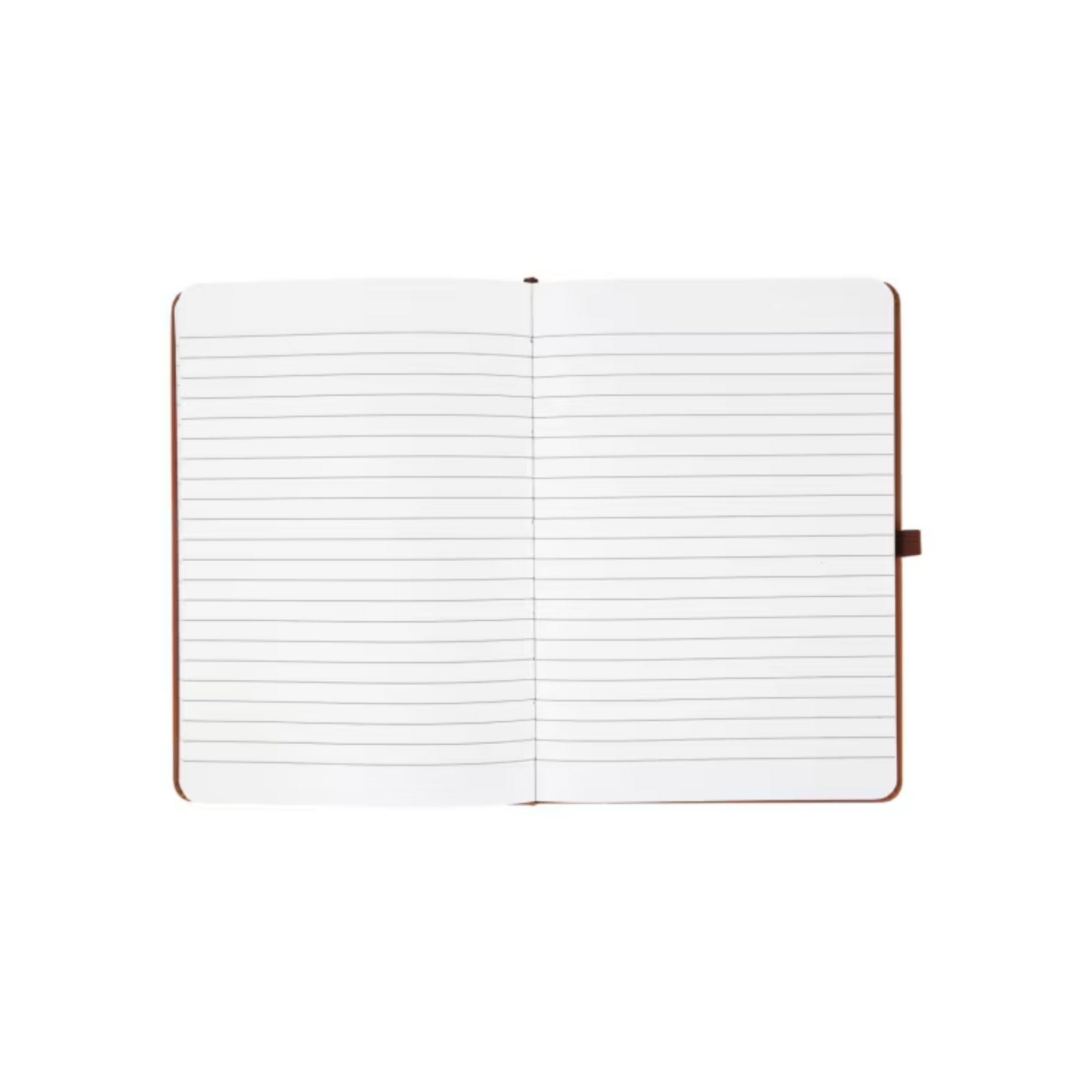 Interior view of tan A5 personalised notebook showing lined pages with a durable hard cover.
