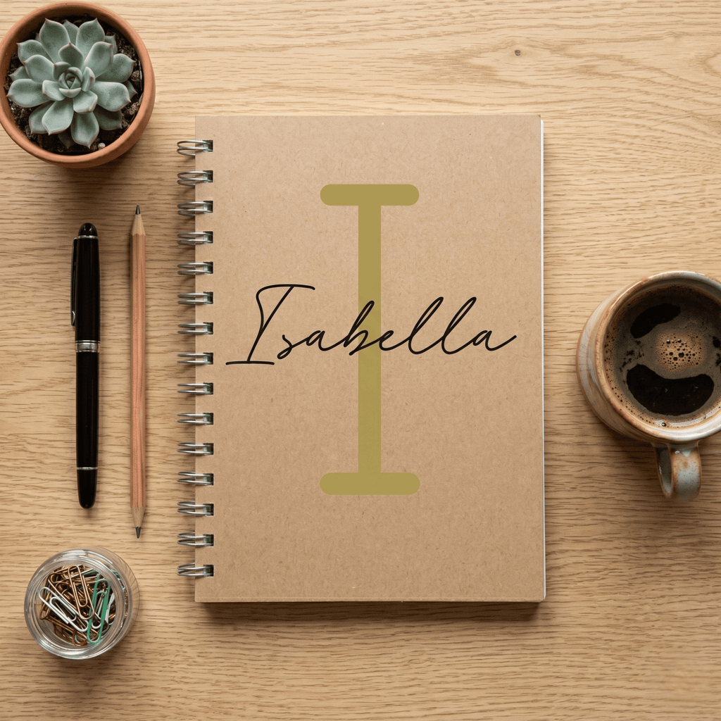 Notebook with 'Isabella' on a wooden surface with stationery items