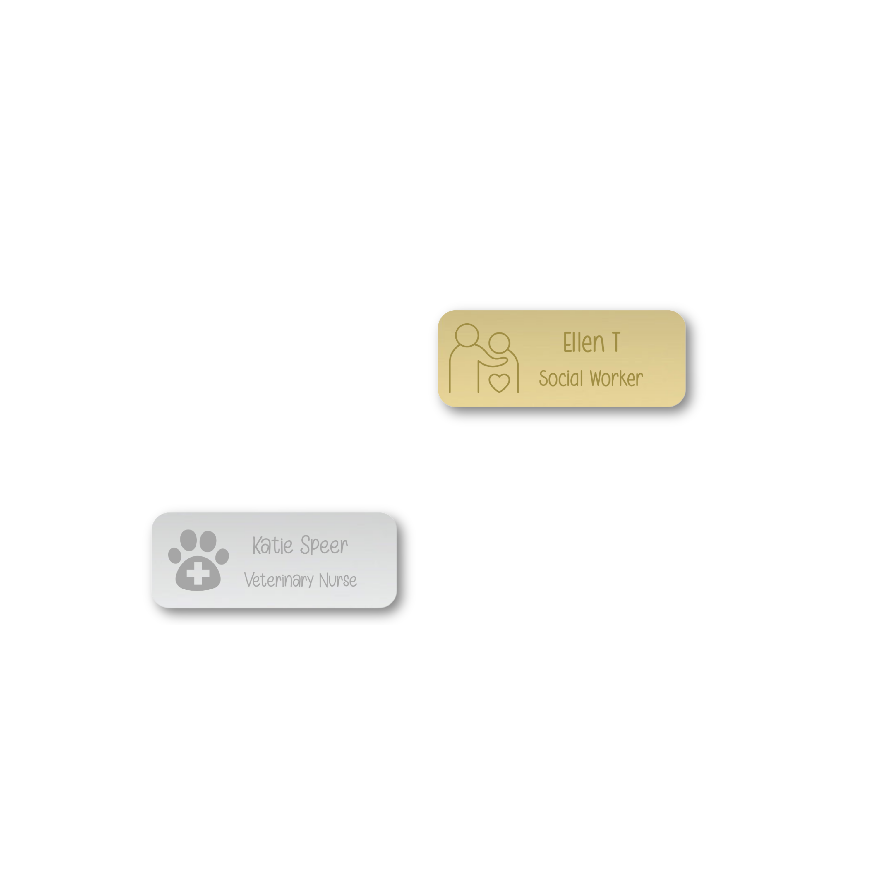 Personalised gold and silver name badges for veterinary nurses and social workers. Medical icon engraving with sleek metallic finish.