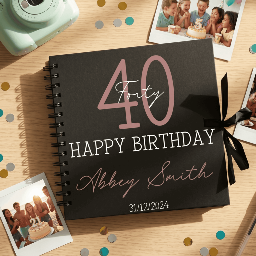 Personalised birthday album with '40 Happy Birthday Abbey Smith' on a wooden surface with photos and confetti.