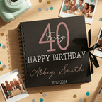 Personalised birthday album with '40 Happy Birthday Abbey Smith' on a wooden surface with photos and confetti.