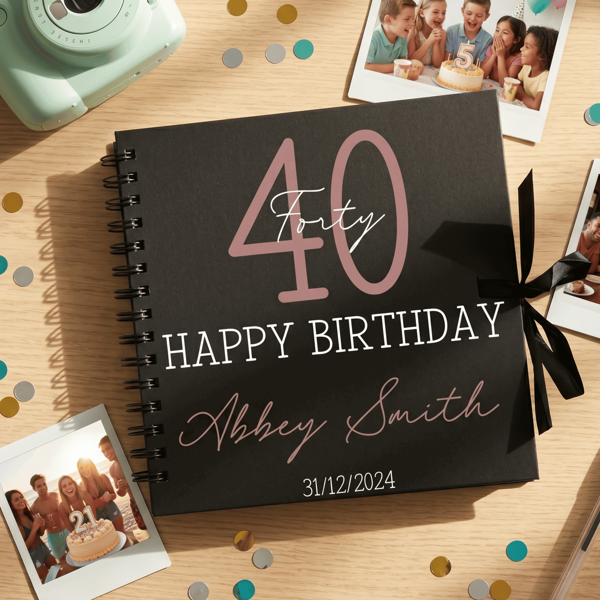 Personalised birthday album with '40 Happy Birthday Abbey Smith' on a wooden surface with photos and confetti.
