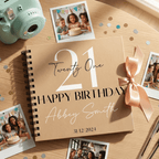 Personalised birthday Album with photos and a camera on a wooden surface