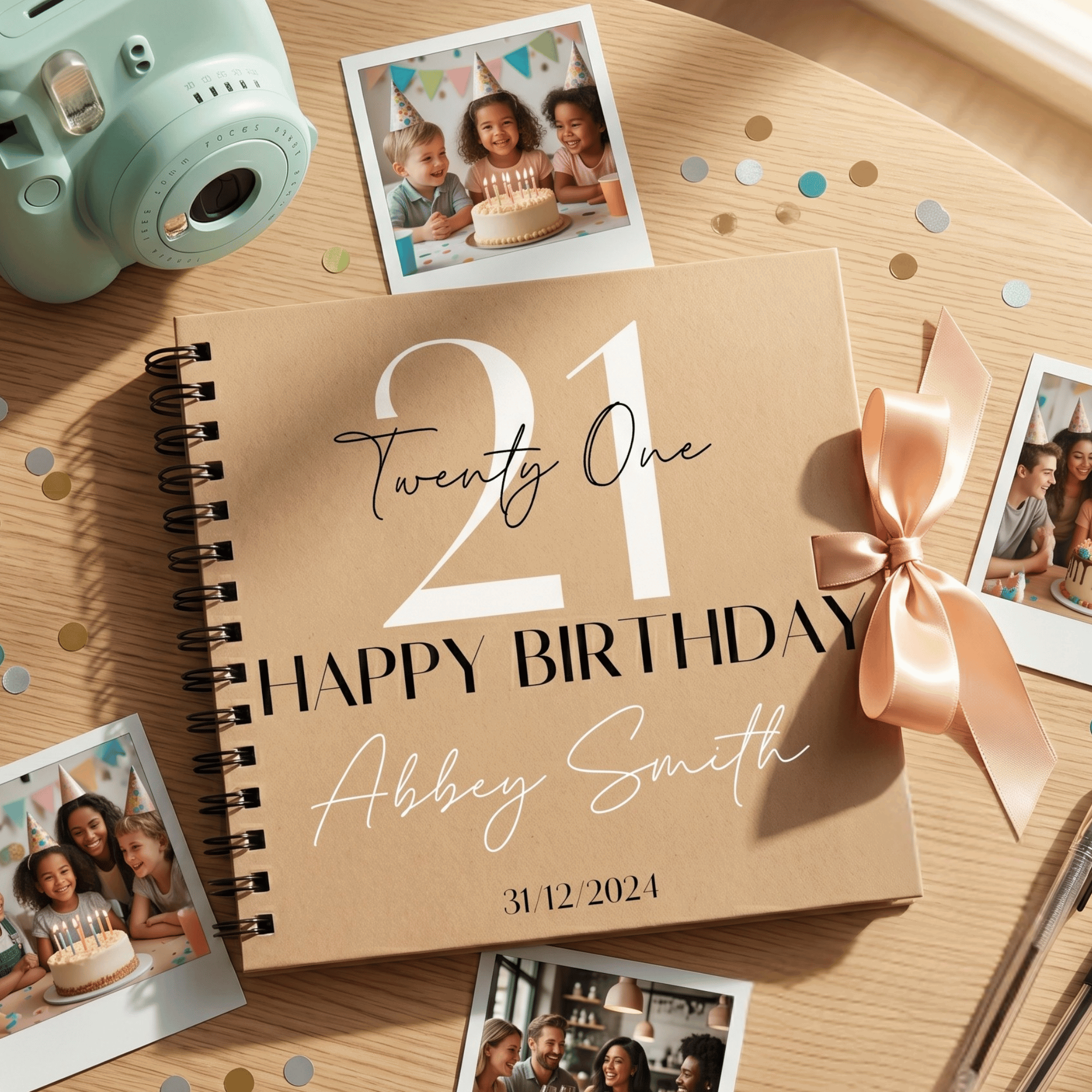 Personalised birthday Album with photos and a camera on a wooden surface