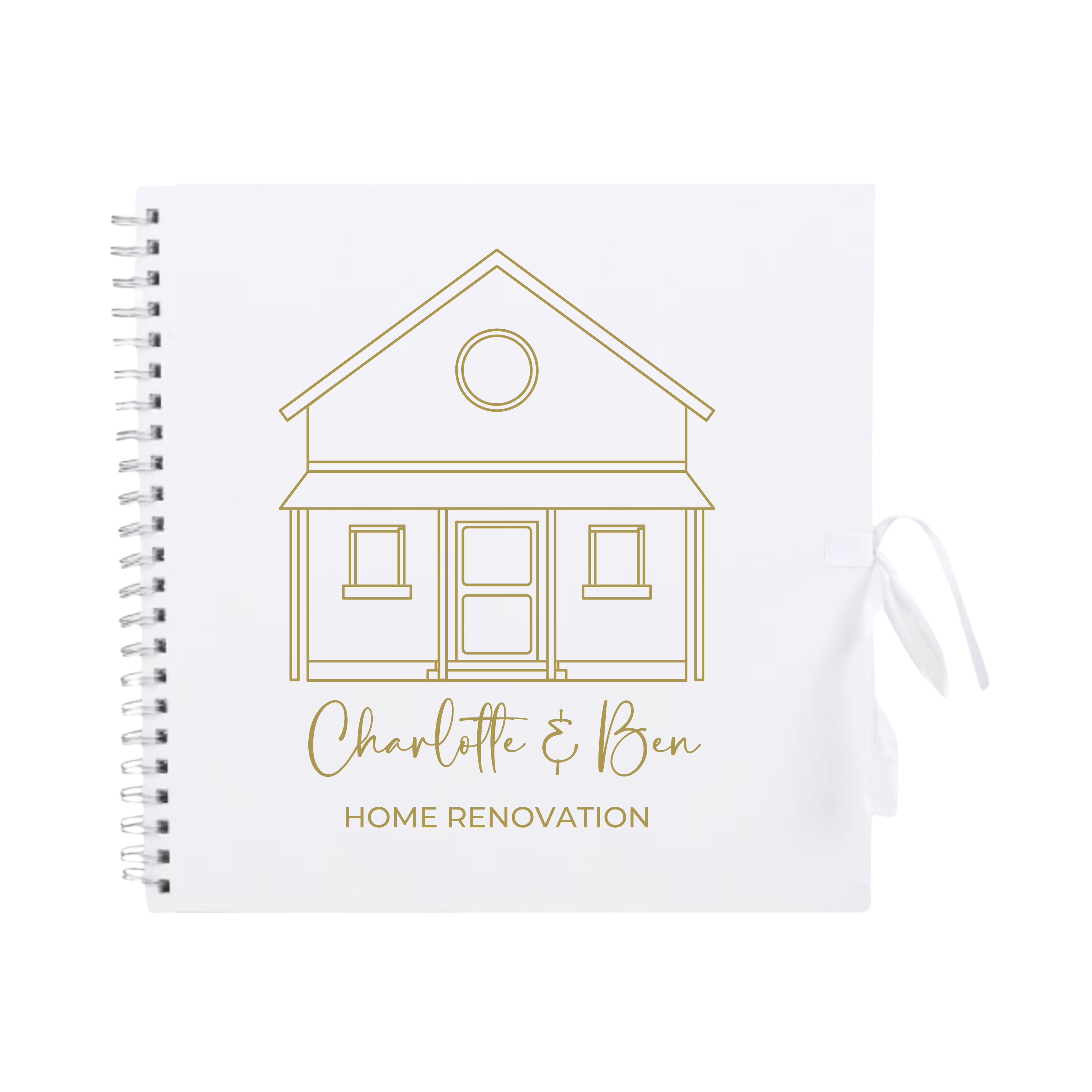 White scrapbook album with gold outline and custom text "Home Renovation", tied with white ribbon