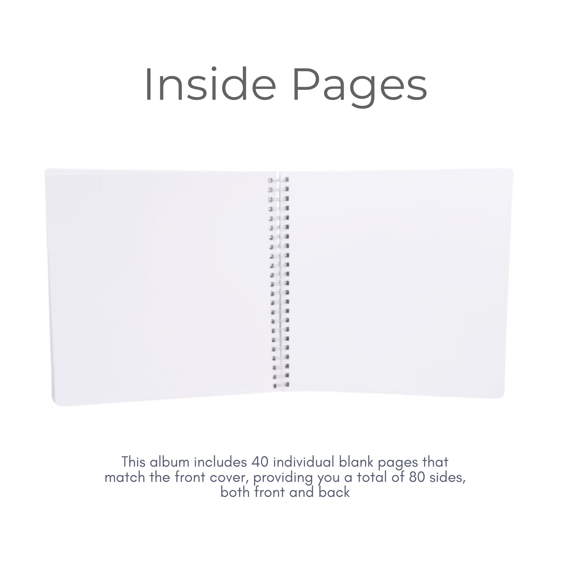 Inside pages of scrapbook album showing 40 blank white pages for custom messages and photos